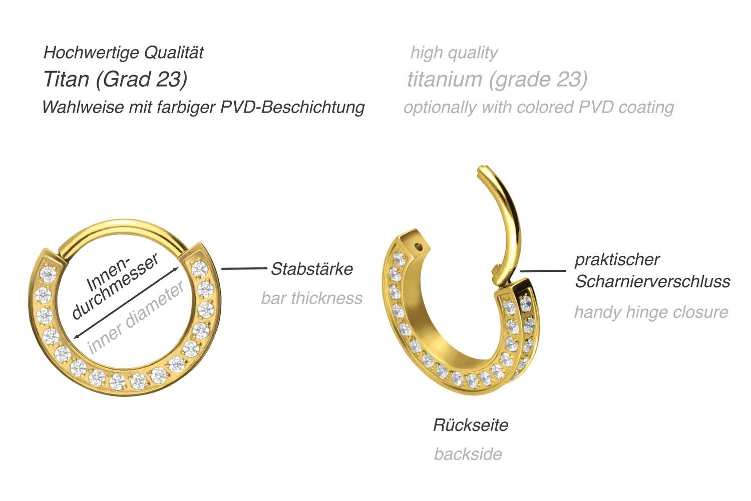 PIERCINGLINE Nasenpiercing Titan Segmentring Clicker KRISTALLRAND Ohrpiercing Septum Nase (Clicker, 1-tlg), Ohrpiercing für Conch, Helix, Tragus, Daith, Lobe