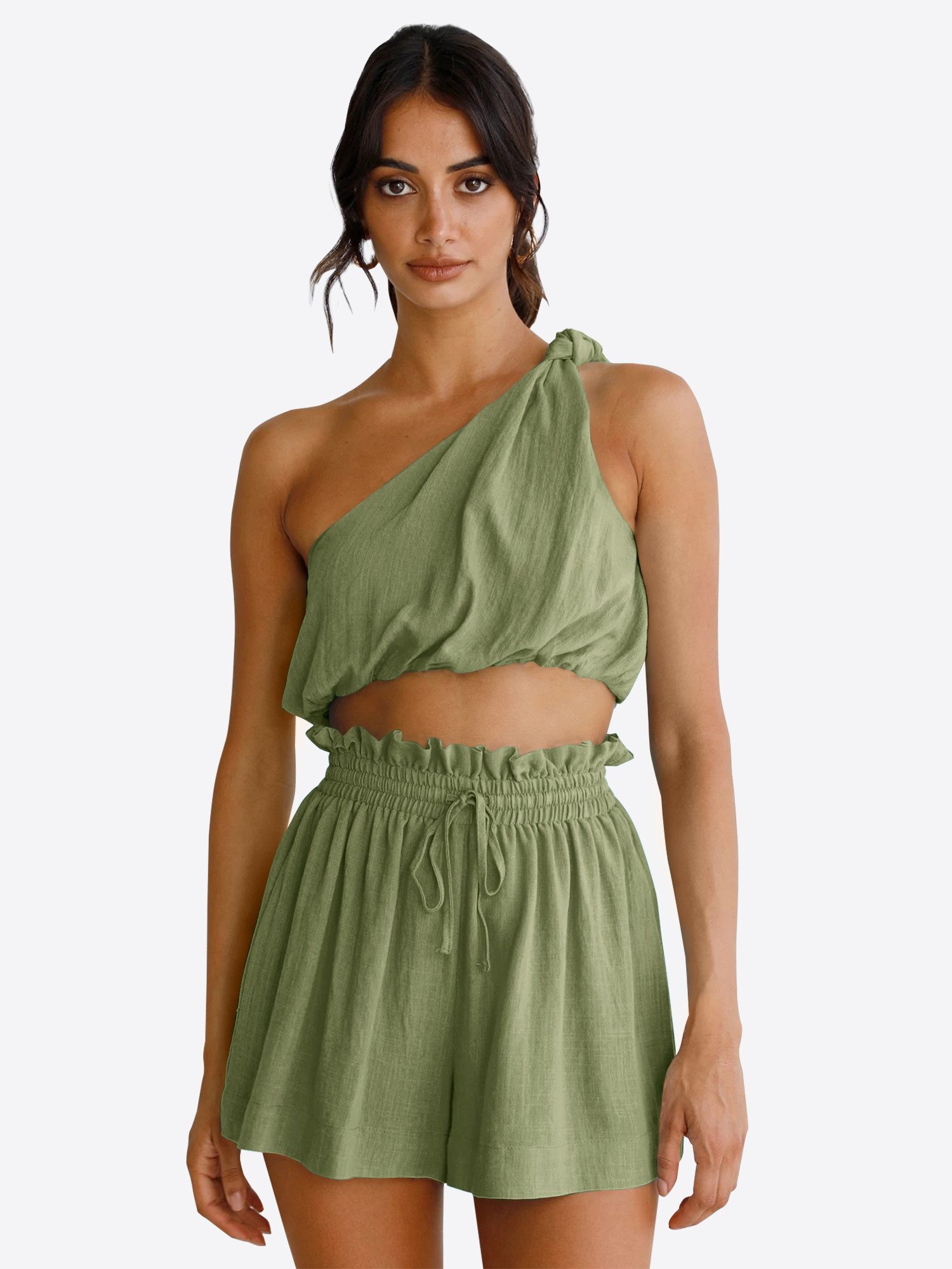 Imily Bela Hausanzug Damen 2-teiliges Sommer Set (Set, 2 tlg., One-Shoulder Crop Top + Shorts) One-Shoulder – Bild 4 von 5