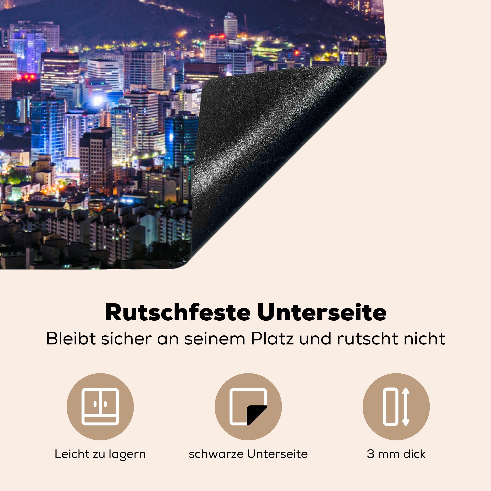 cm, für (1 Schutz tlg), Korea, Vinyl, MuchoWow - - Seoul Herdblende-/Abdeckplatte 81x52 küche, Induktionskochfeld die Skyline Ceranfeldabdeckung