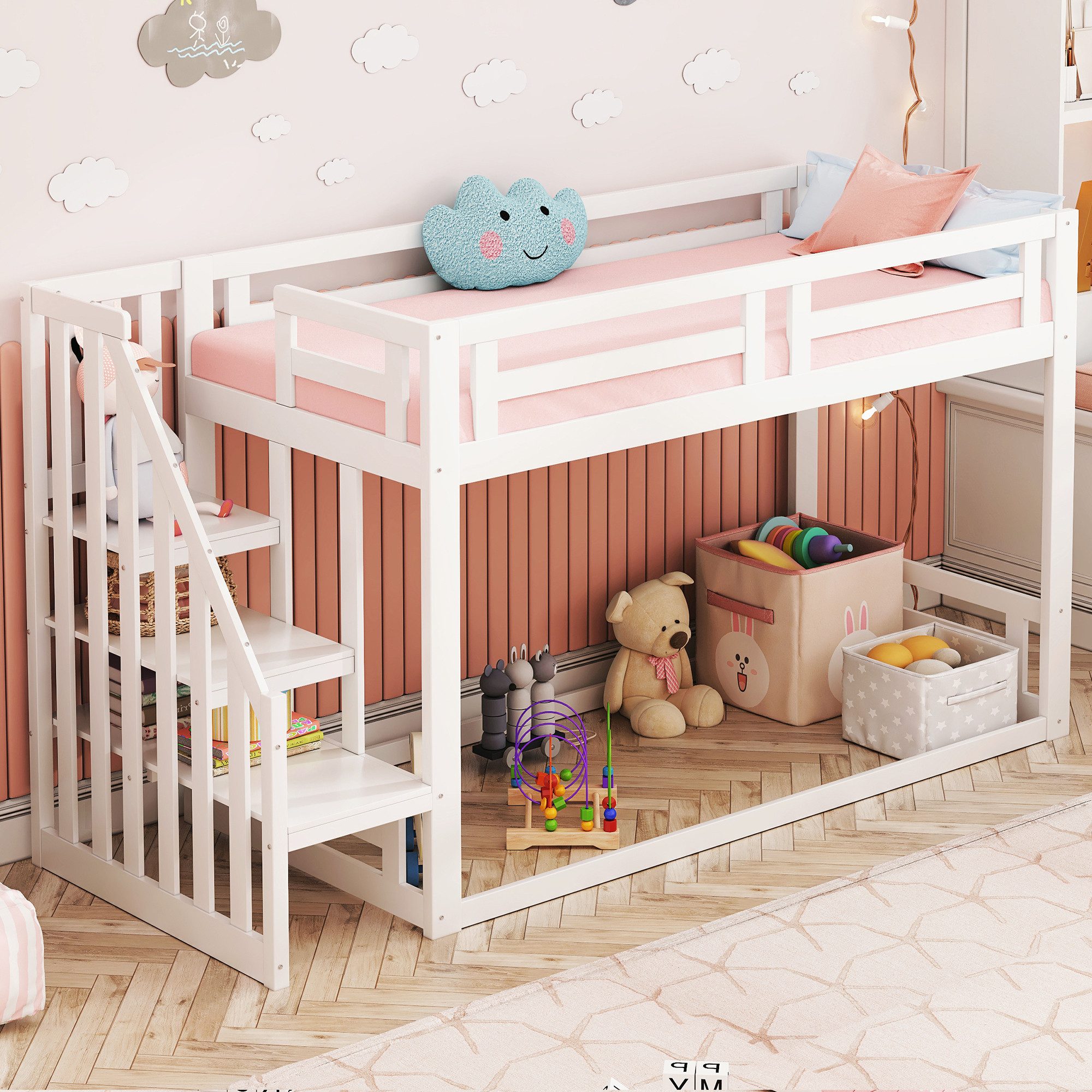 Flieks Etagenbett, Kinderbett mit Sicherheitstreppe 90x200cm günstig online kaufen