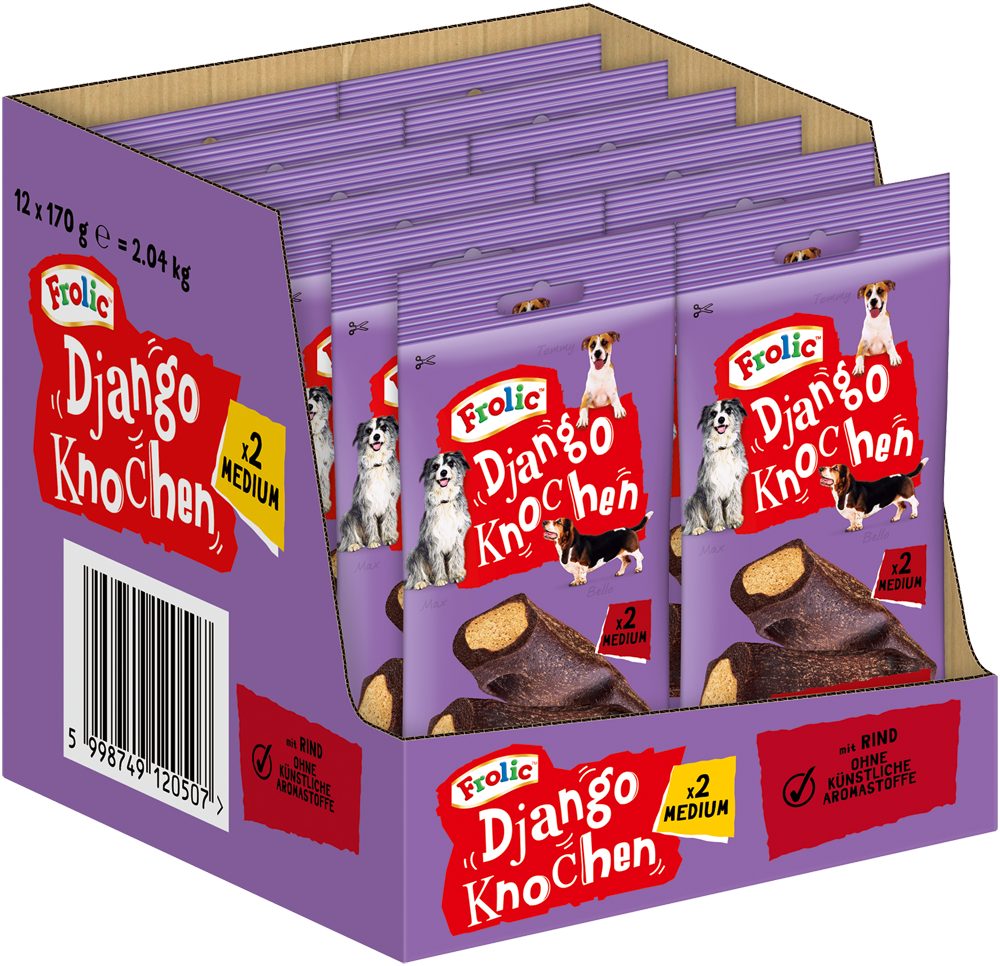 Frolic FROLIC™ Django Knochen Beutel für mittlere Hunde mit Rind 12 x 2 Stück, Snack für: Hunde