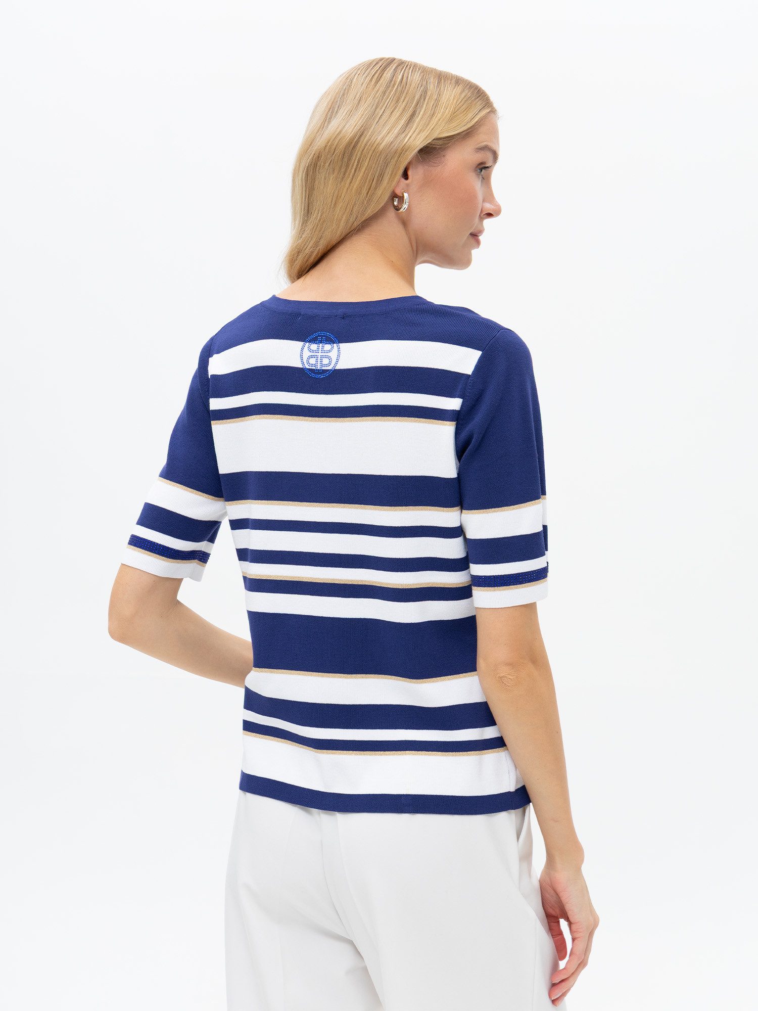 Passioni Kurzarmshirt Gestreifter Kurzarm Pullover Sommer Pullover mit navy-weißen Streifen und 3/4-Ärmel