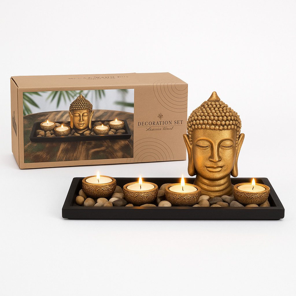what the shop Dekoobjekt Buddha Deko Set – Schwarzer Holzteller mit 4 Teelichtern & Deko, Harmonie & Stil für dein Zuhause