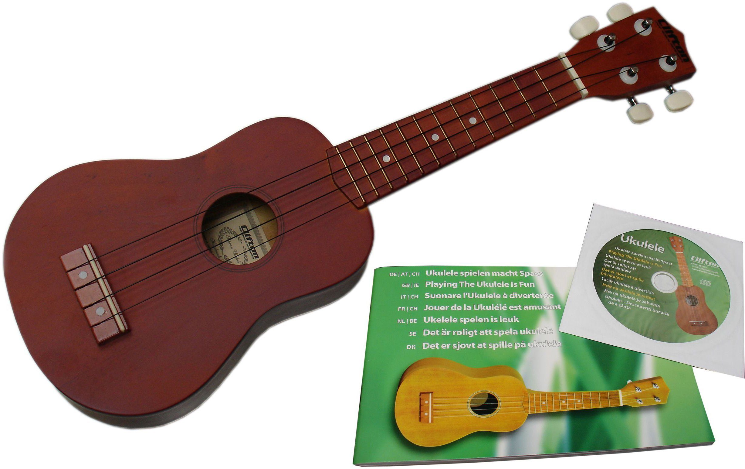 Clifton Ukulele Sopran Ukulele mit Buch und CD, braun