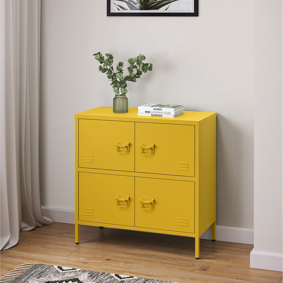 skølm Kommode Zandor aus Metall (Senfgelb, 2 Fächer & 4 Türen), Sideboard 81x80x38 cm, Metallschrank auch verfügbar mit 3 Fächern
