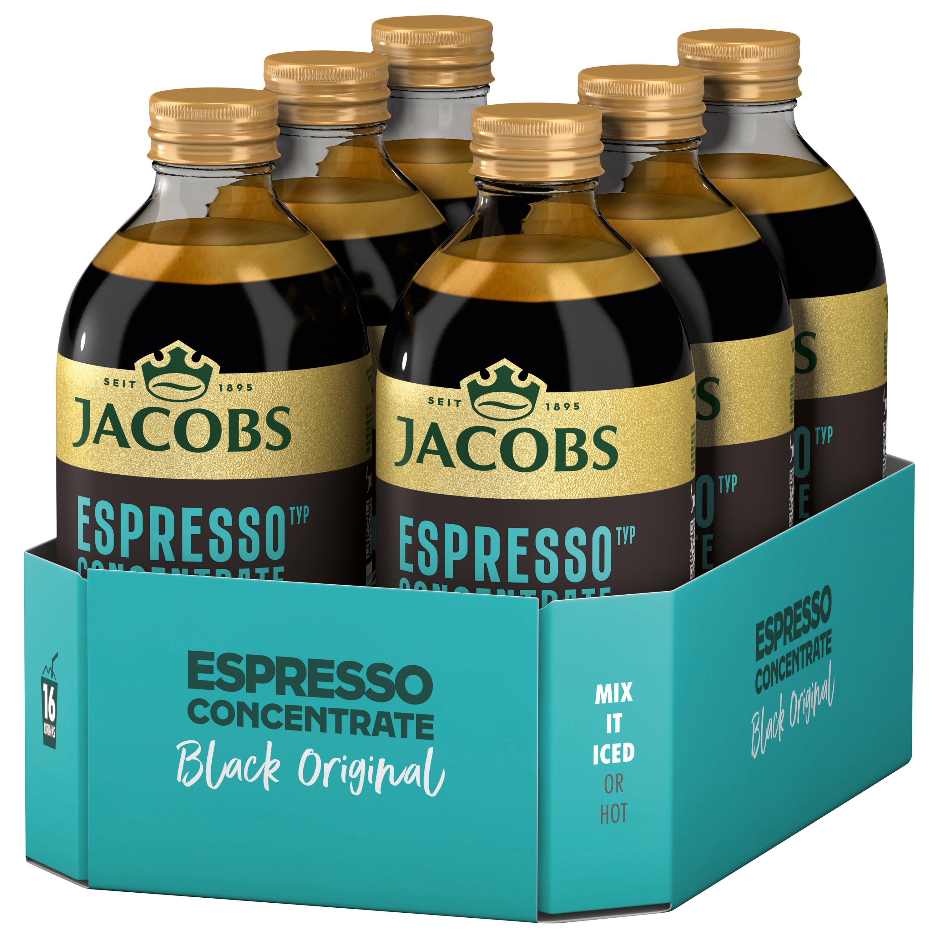 JACOBS Kaffee JACOBS Espresso Kaffeekonzentrat Black 6 x 485 ml, Ideal für Iced Coffee, Latte, Cappuccino oder kreative Kaffee-Rezepte