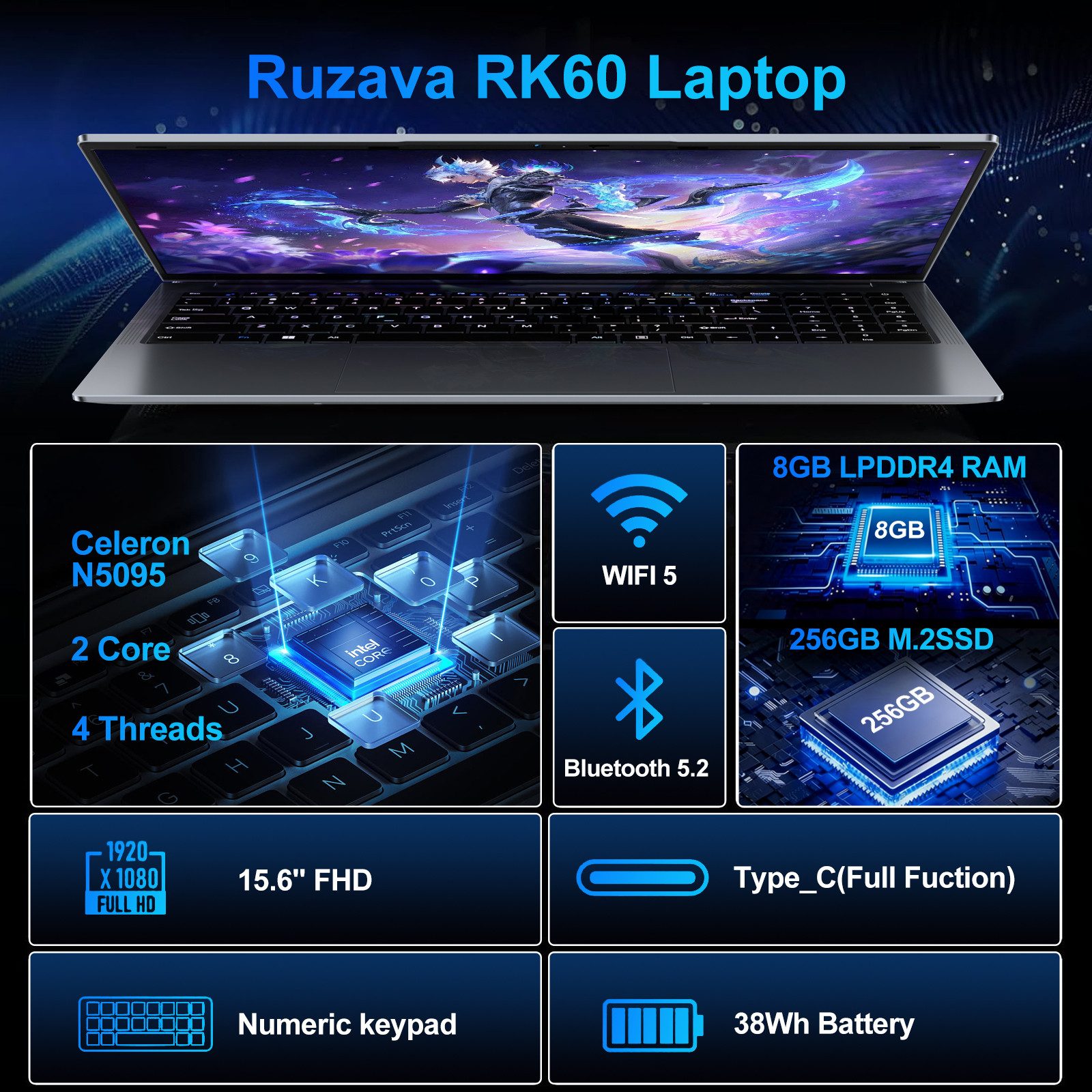 bvate RK60 Laptop 15.6 Zoll 8GB RAM 256GB SSD 1920x1080 Notebook (Celeron N5095, Celeron N5095, 8 GB, 256 GB SSD, 180° Drehung/Low Blue Light-Zertifizierung/Deutsche Tastaturaufkleber)