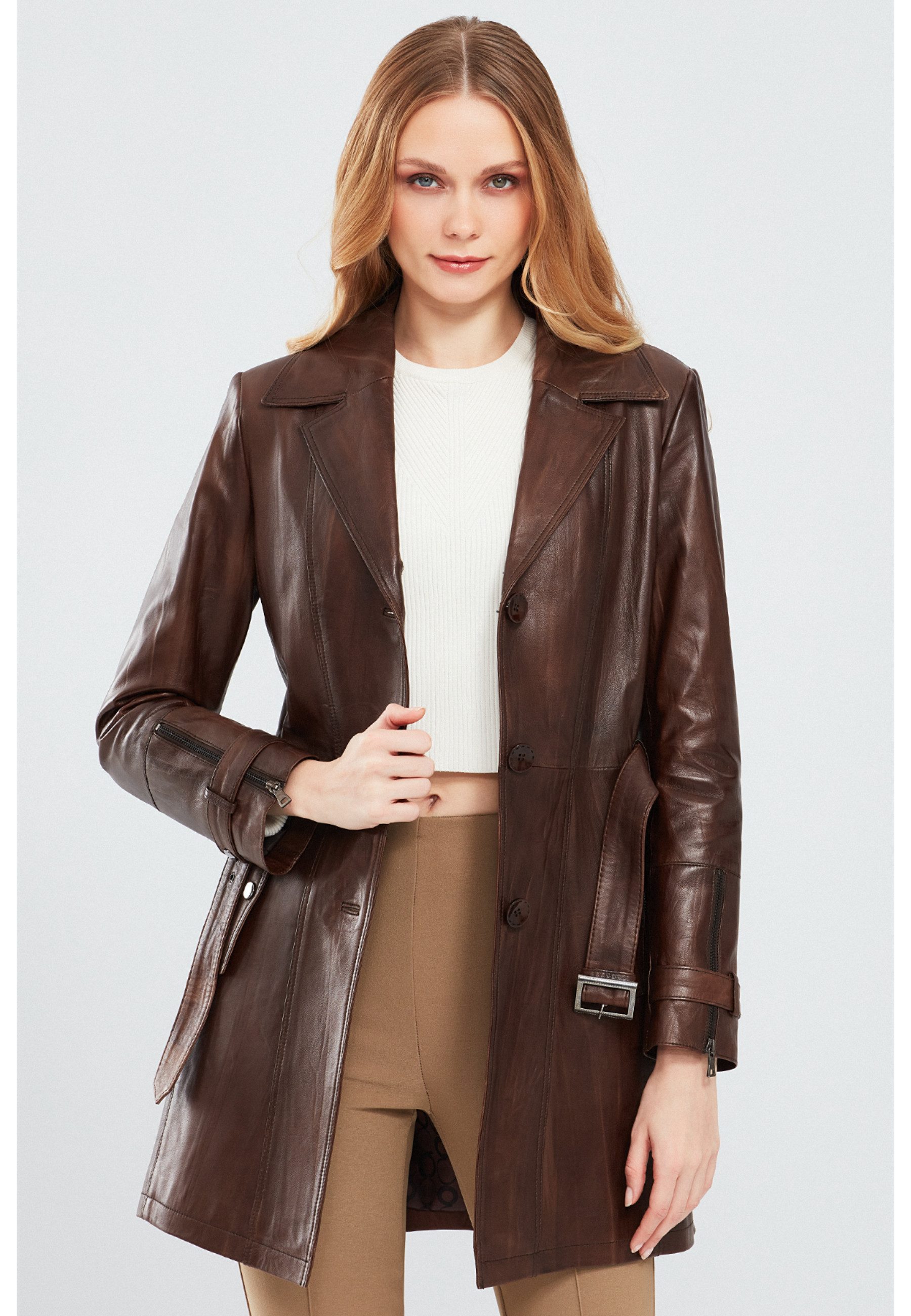Derimod Lederjacke Rhoda Ledertrenchcoat mit Kunstfell
