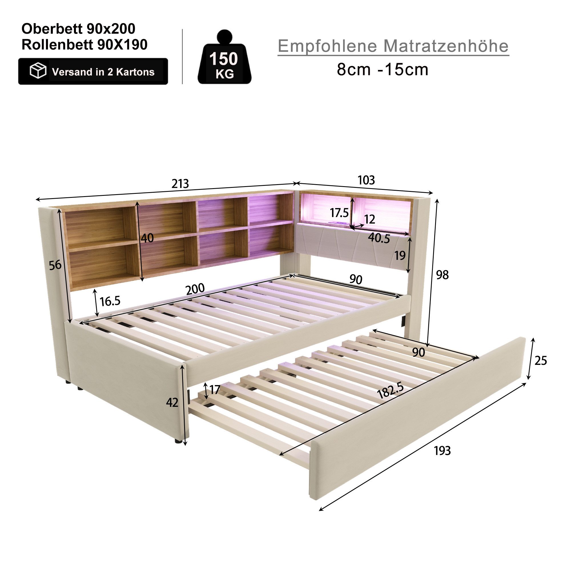 Ulife Daybett Schlafsofa mit LED Leuchten, günstig online kaufen