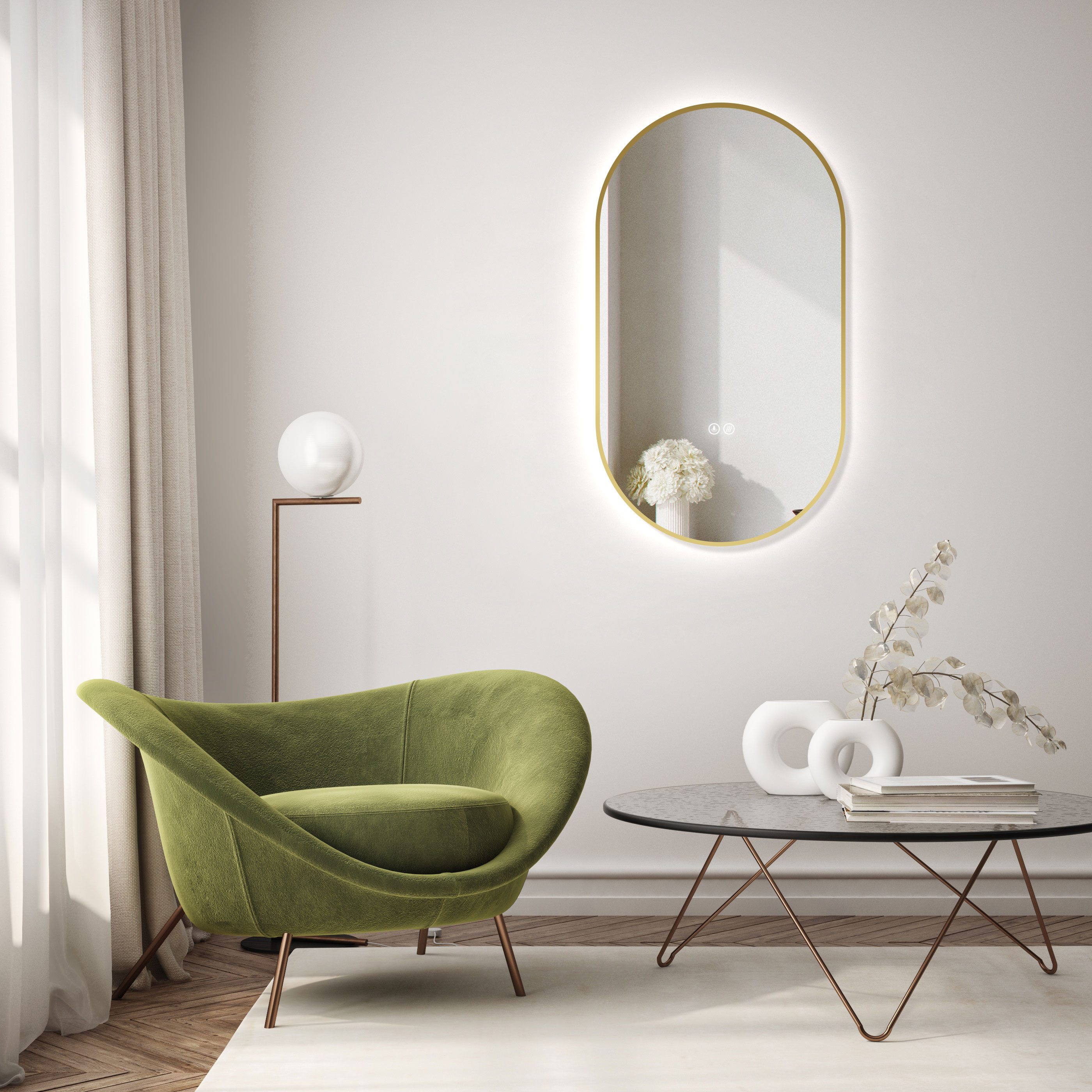HOKO Badspiegel oval mit Anti-Beschlag, Memory Metallrahmen in Schwarz, Gold oder Weiß (Badspiegel Oval 75x45 cm Goldrahmen, mit Anti-Beschlag, Touch-Schalter u – Bild 4 von 5