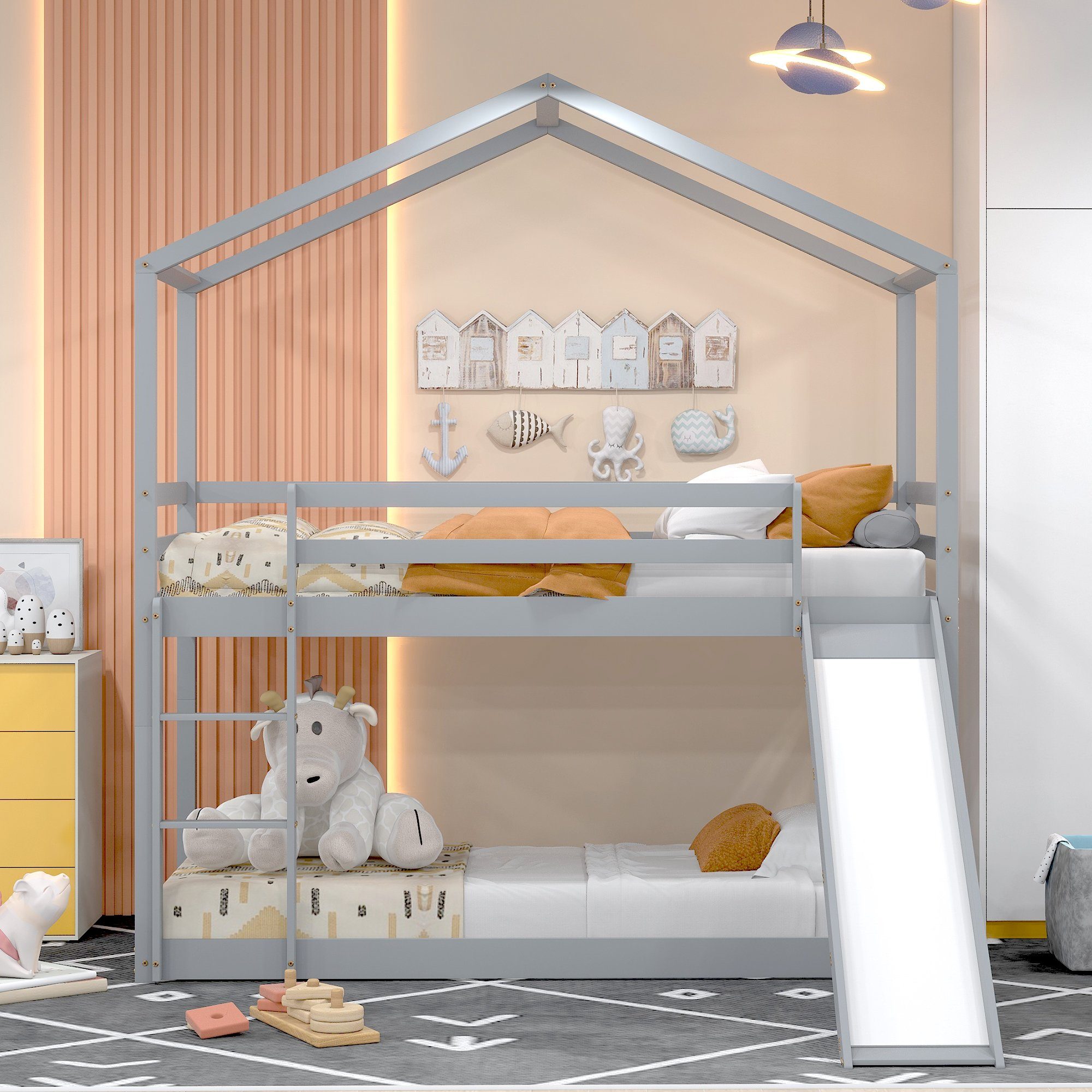 Etagenbett (Kinderbett Hausbett 90x200 cm), Hochbett mit Lattenrost, Rutsche, Rausfallschutz und Leiter, Kiefer