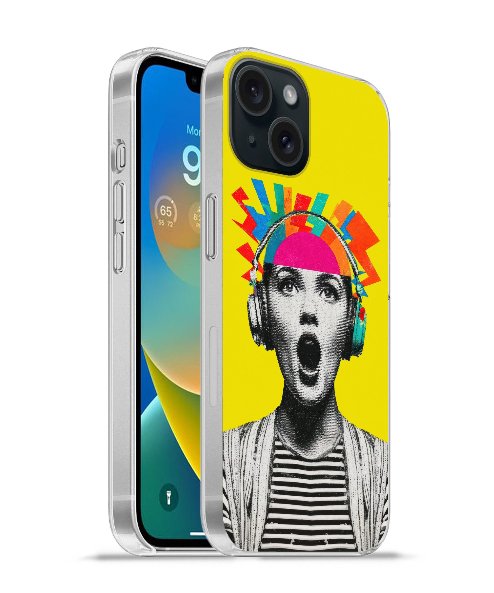MuchoWow Handyhülle für Apple iPhone 15 Frau - Kopfhörer - Gelb, Smartphone-Bumper, Print, Handy Schutzhülle Dünn