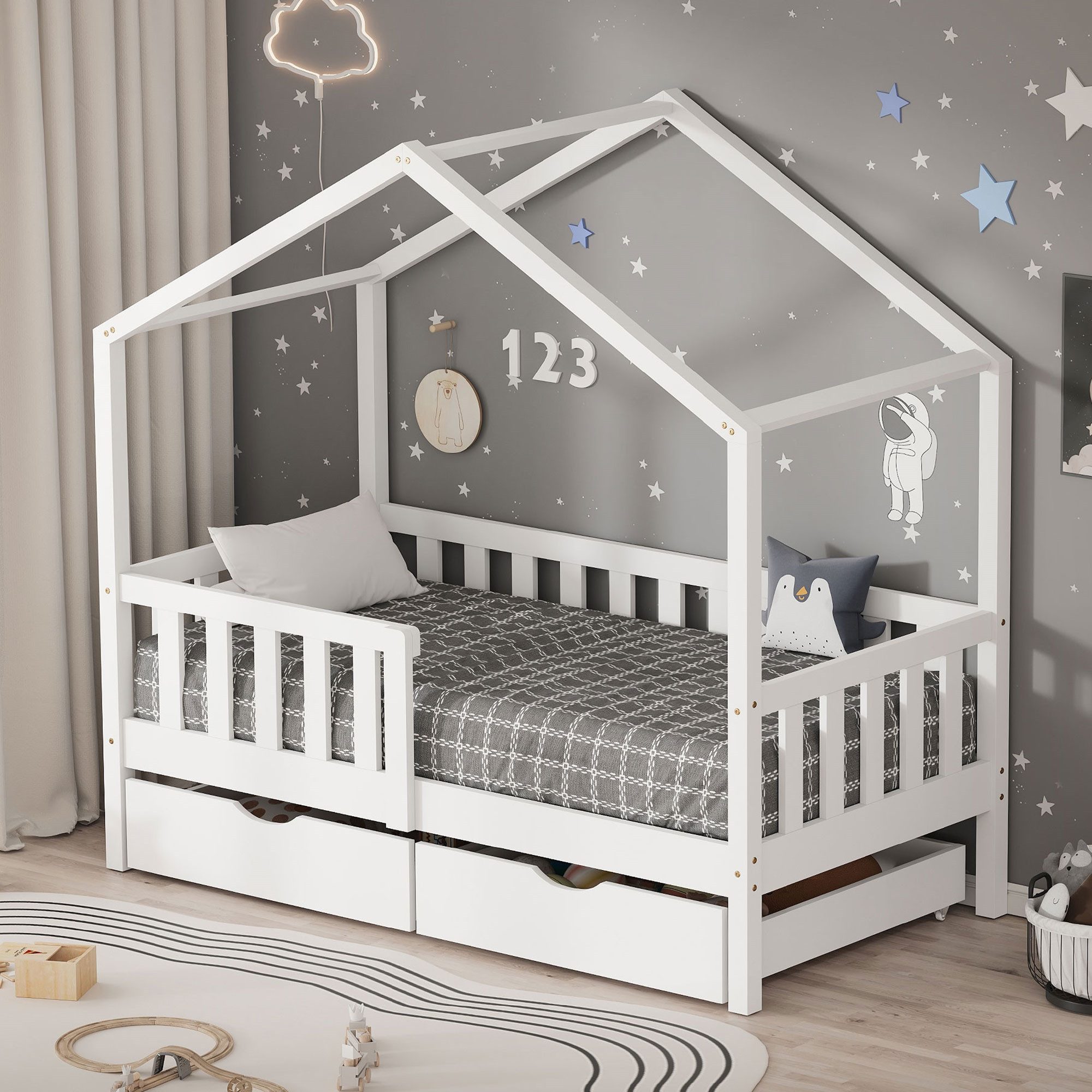 ML-DESIGN Spielbett Hausbett Kinderbett inkl. 2 Schubladen, Lattenrost und Rausfallschutz, Abenteuerbett 70x140cm Haus Bett Himmelbett Kiefer Jugendbett Weiß
