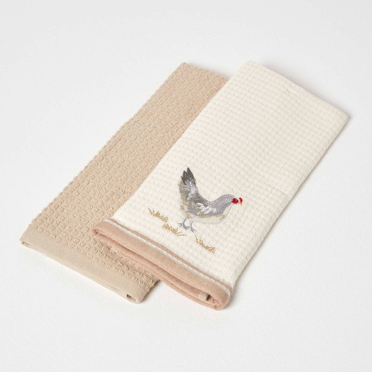 Homescapes Geschirrtuch 2er-Set Geschirrtücher Waffelpiqué mit Huhn-Motiv, 100% Baumwolle, Geschirrhandtuch