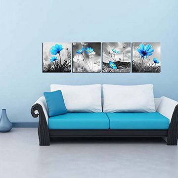 KIKI Wandbild 4 Teilig Leinwandbilder mit Blaue Blumen Motiv Kunstdruck Moderne