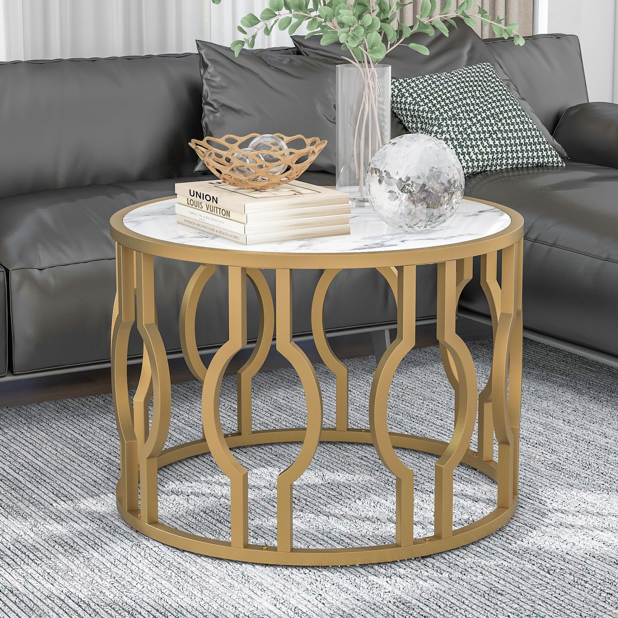 Celya Couchtisch Wohnzimmertisch mit goldfarbenem Stahlrahmen, Sofatisch Rund Tisch Wohnzimmer Beistelltisch 70*46.5cm