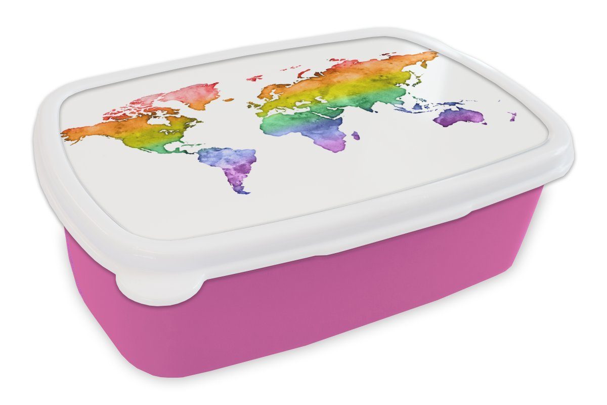 MuchoWow Lunchbox Weltkarte - Flagge des Stolzes - Aquarell, Kunststoff, (2-tlg), Brotbox für Erwachsene, Brotdose Kinder, Snackbox, Mädchen, Kunststoff rosa