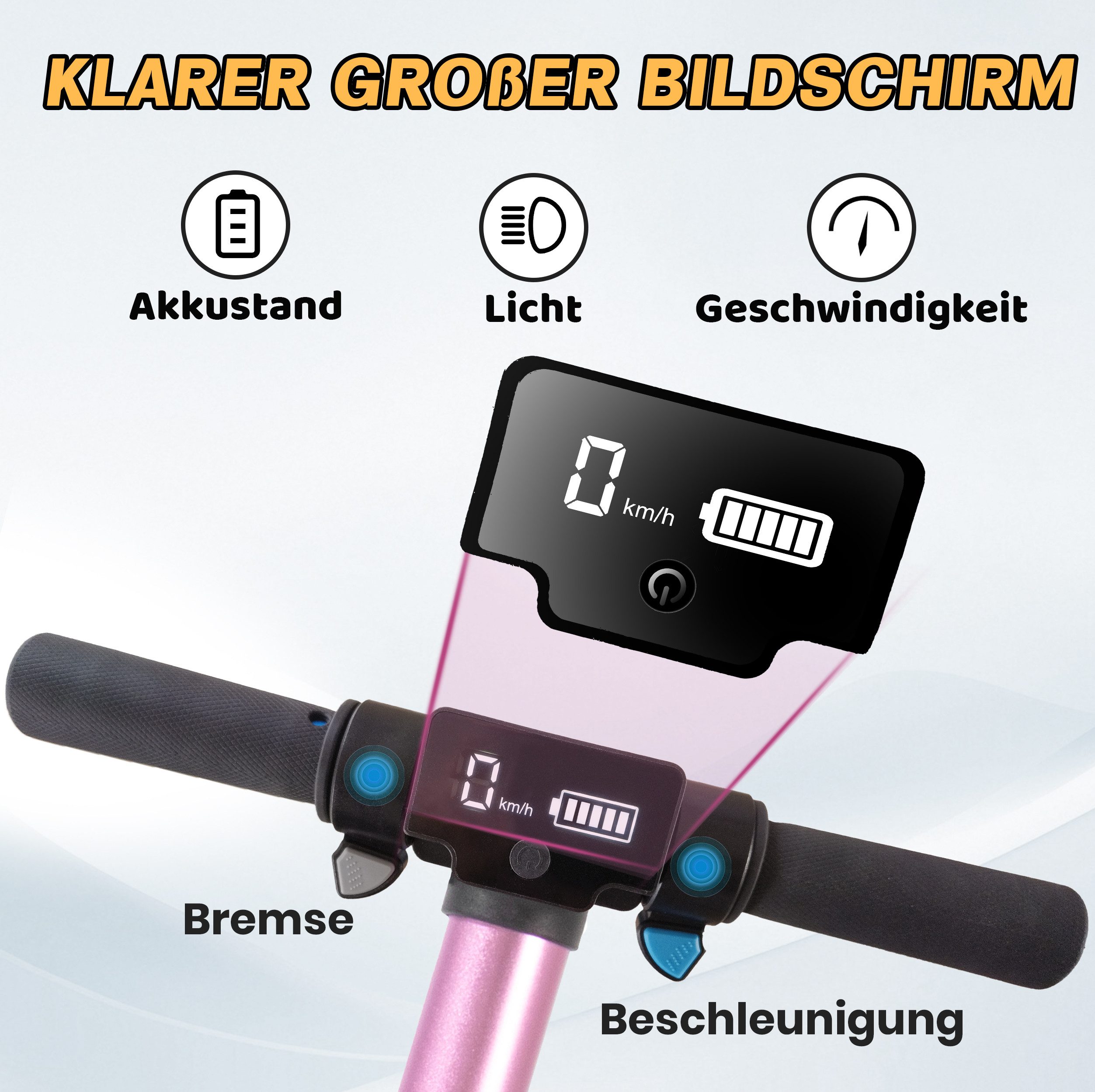 Vankel E-Scooter Kinder ab 6 Jahre, klappbar, 10km, Bunte Leuchten, Jungen und Mädchen, 150 W, 14 km/h, (für Jungen und Mädchen, max. 50kg, faltbar, Aluminiumrahmen), Elektro-Kinderroller, Lenksäulenlicht, mit Haken, EBS + Fußbremse