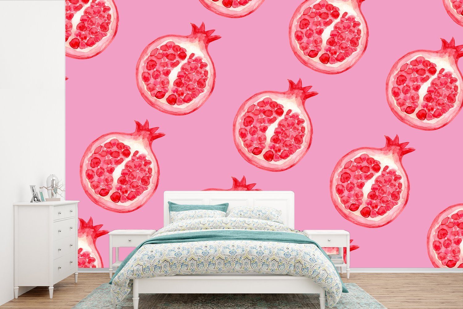 MuchoWow Fototapete Obst - Rosa - Muster, Matt, bedruckt, (6 St), Wallpaper für Wohnzimmer, Schlafzimmer, Kinderzimmer, Vinyl Tapete