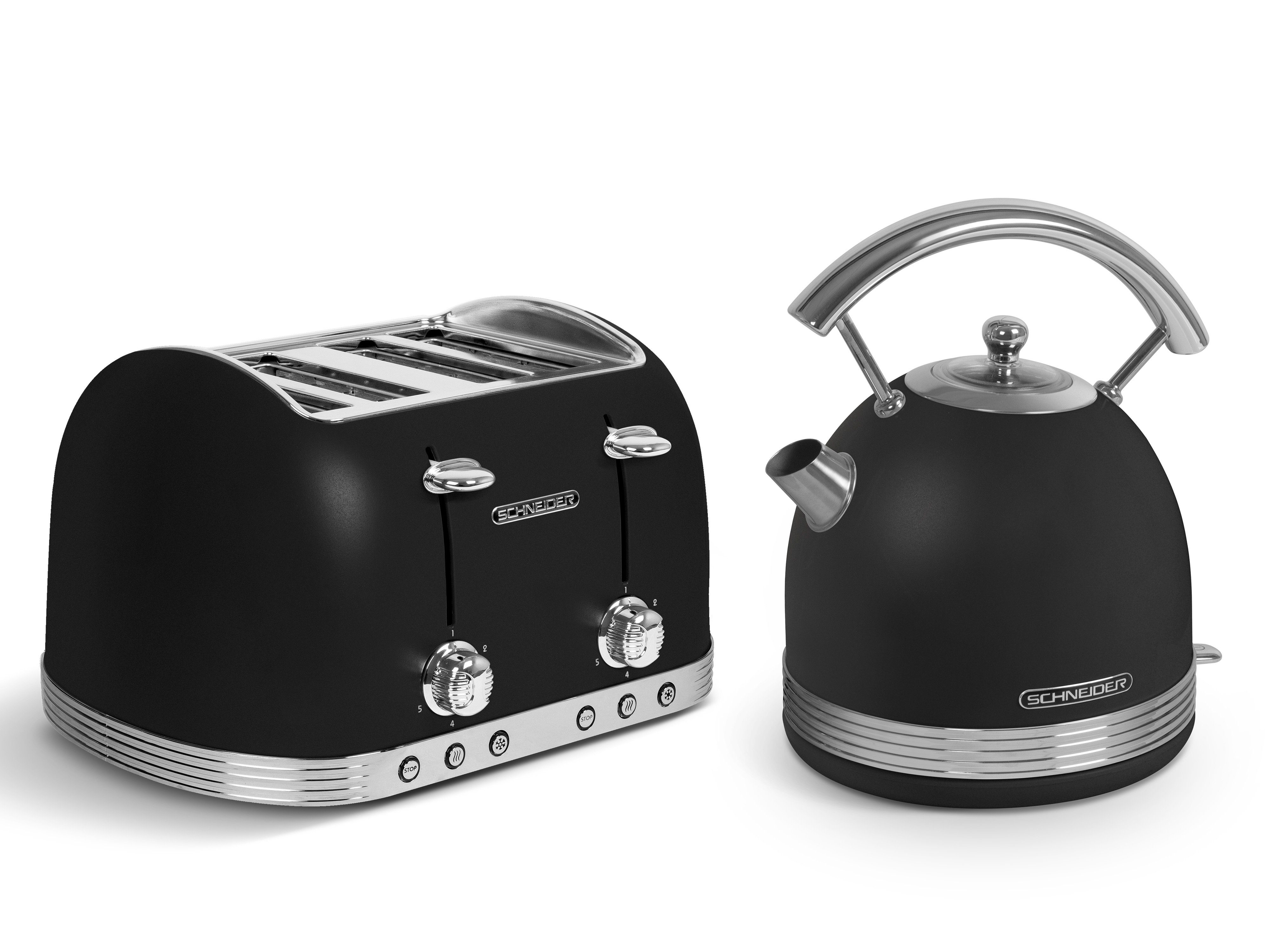 SCHNEIDER Toaster Retro Frühstückset, 4 kurze Schlitze, für 4 Scheiben, 1630 W, Wasserkocher 1,7 L Volumen 2200 W, 360° Sockel