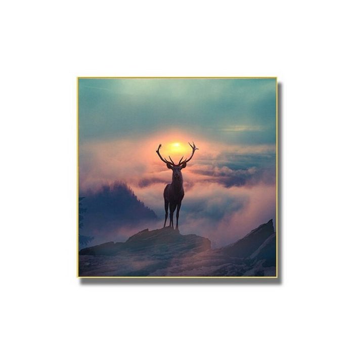TPFLiving Kunstdruck (OHNE RAHMEN) Poster - Leinwand - Wandbild Nordi Art - Hirsch in den Berge bei Sonnenuntergang (Verschiedene Größen) Farben: Leinwand bunt - Größe: 30x30cm