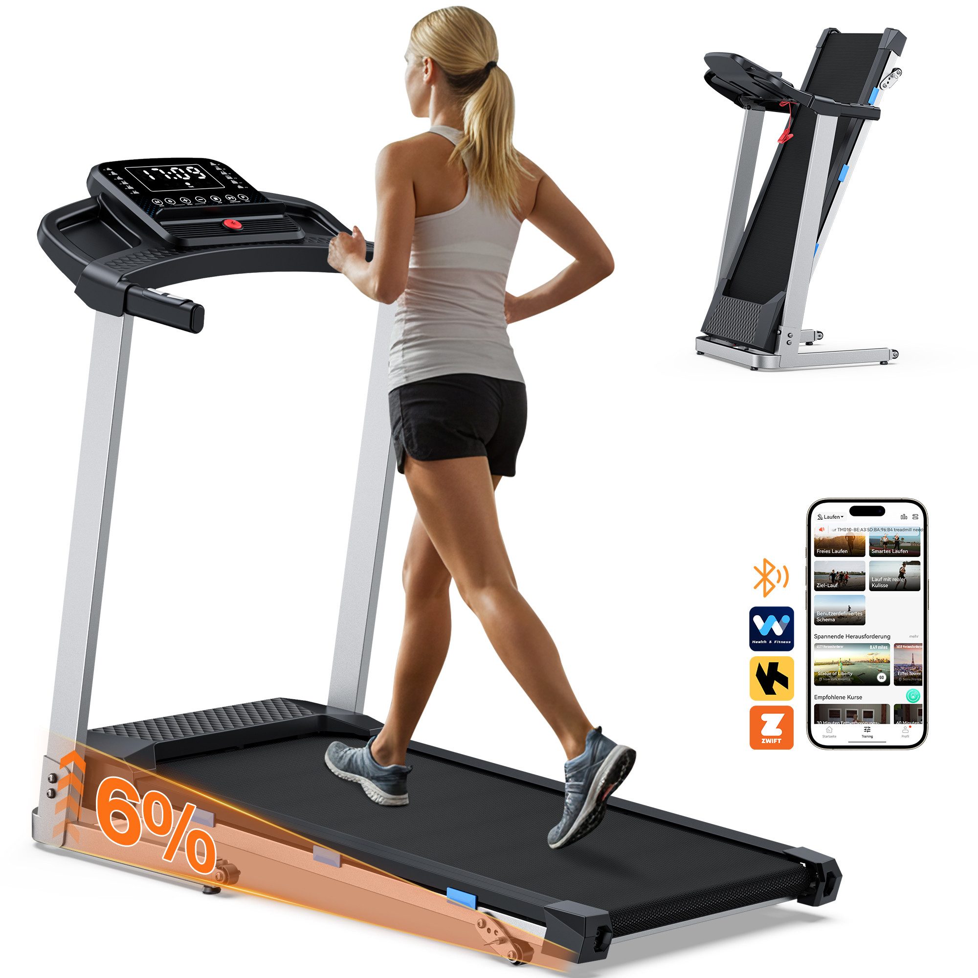 Cardirun Laufband mit Steigungsfunktion – 3,0 PS leises Modell für Zuhause, Klappbar (1-tlg., Pulssensor, Bluetooth-Lautsprecher, LED-Display, Transportrollen), Max. Belastbarkeit 160 kg, 12 km/h & App-Steuerung