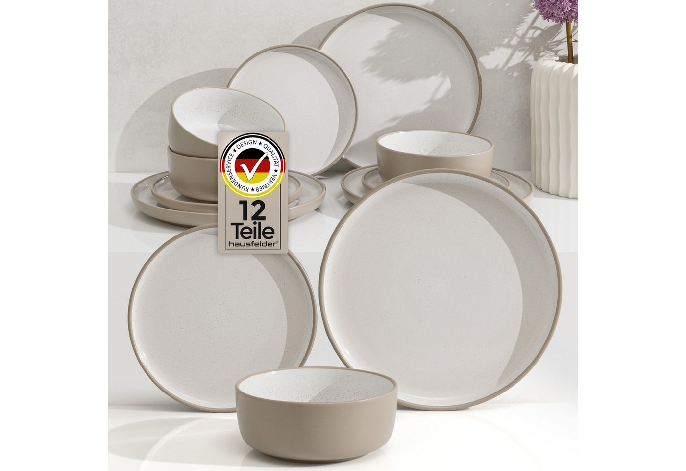Hausfelder Geschirr-Set Tafelservice 4 Personen Geschirrset Steingut 12teilig Nordic Sand (12-tlg), 4 Personen, Steinzeug, spülmaschinen- & mikrowellengeeignet, Reaktivglasur