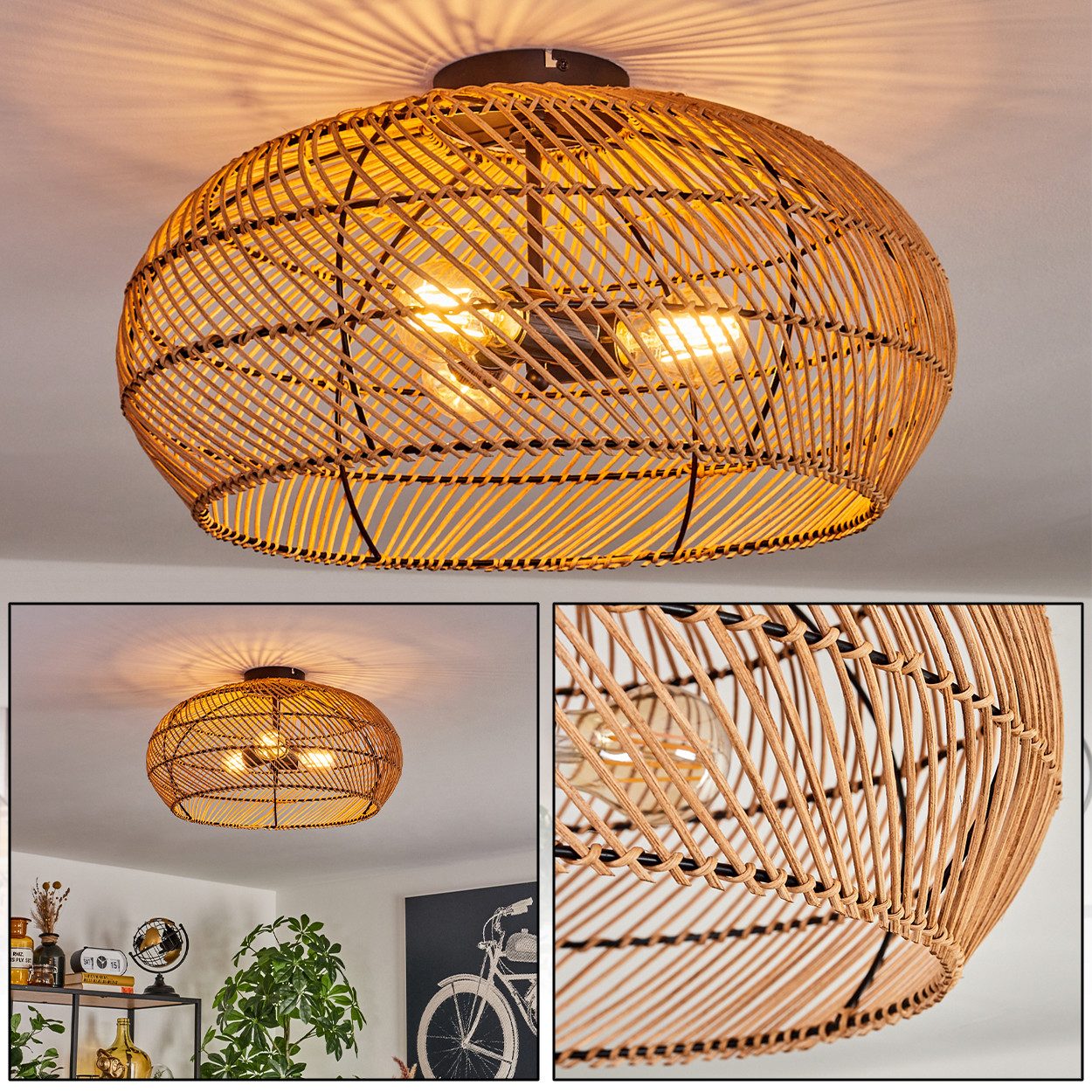 hofstein Deckenleuchte moderne Deckenlampe aus Metall/Rattan in Schwarz/Natur, ohne Leuchtmittel, Boho-Design Deckenleuchte,Lichteffekt, Ø50cm, 3xE27, ohne Leuchtmittel