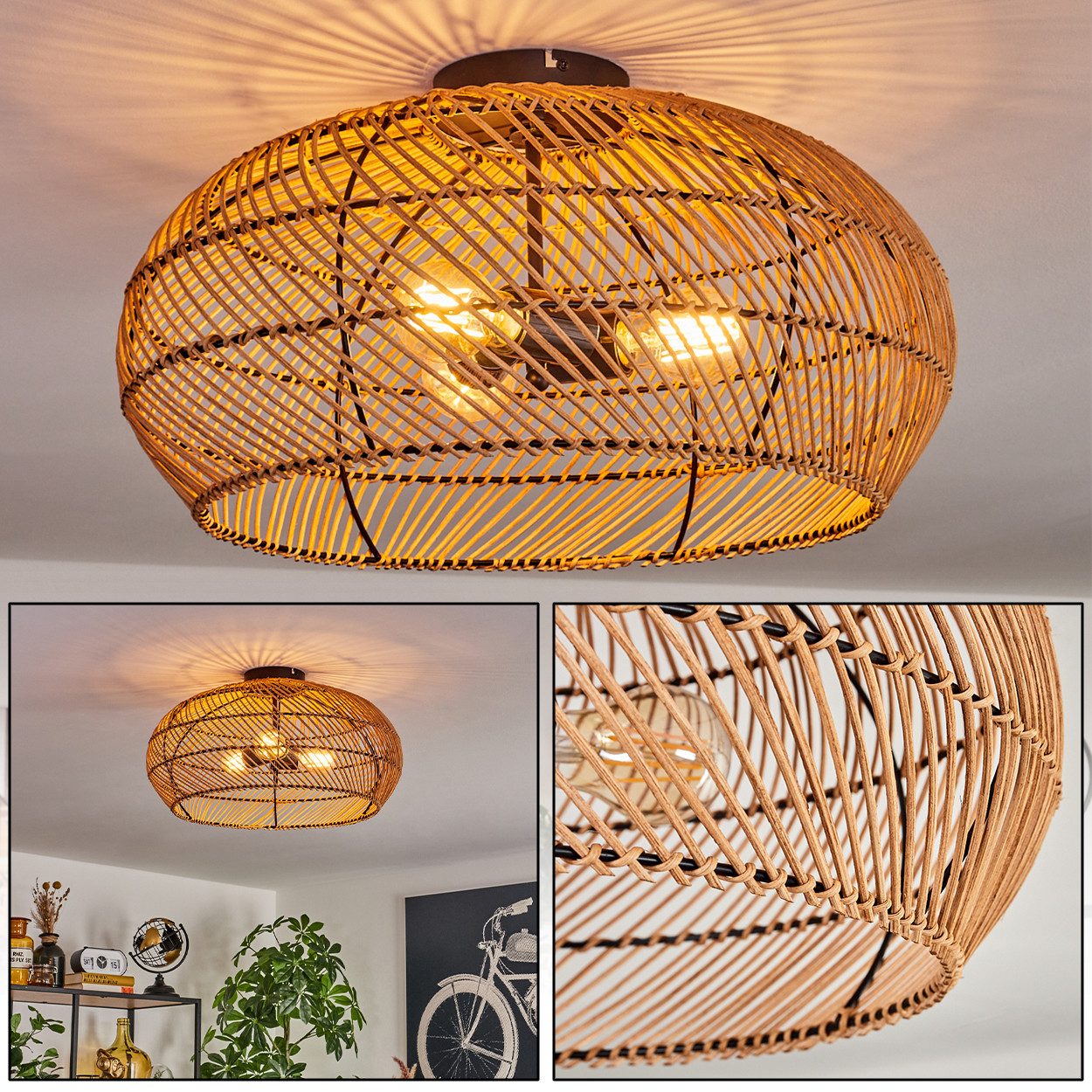 hofstein Deckenleuchte moderne Deckenlampe aus Metall/Rattan in Schwarz/Nat günstig online kaufen
