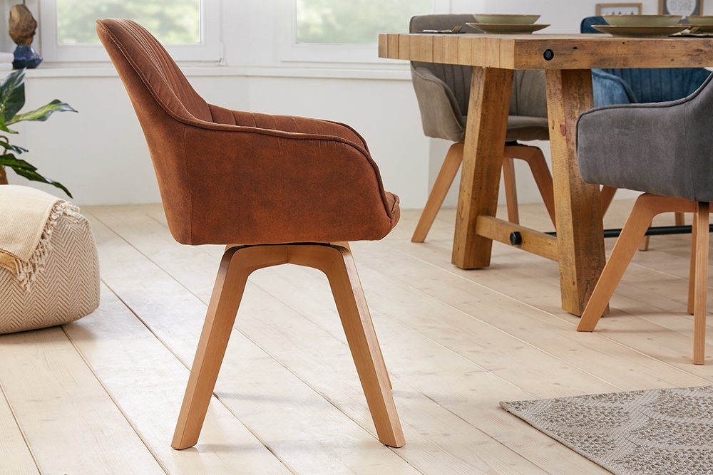 riess-ambiente Polsterstuhl LIVORNO vintage braun – Microfaser, drehbar, Holz-Beine, mit Armlehne (Einzelartikel, 1 St), mit 180° Drehfunktion und Autoreturn – ideal für Dein Esszimmer