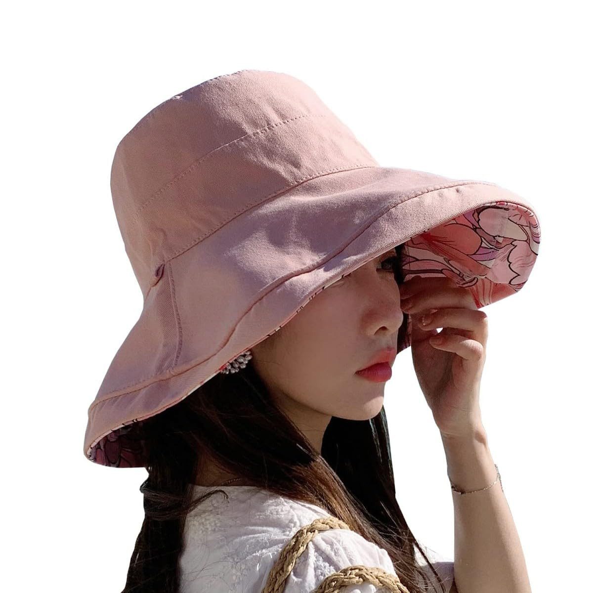 Zaewry Fischerhut Wendbarer Bucket Hat für Damen, UV-Sonnenschutz, Breite Krempe Fischerhut, Sommer-, Strand- & Reisehut