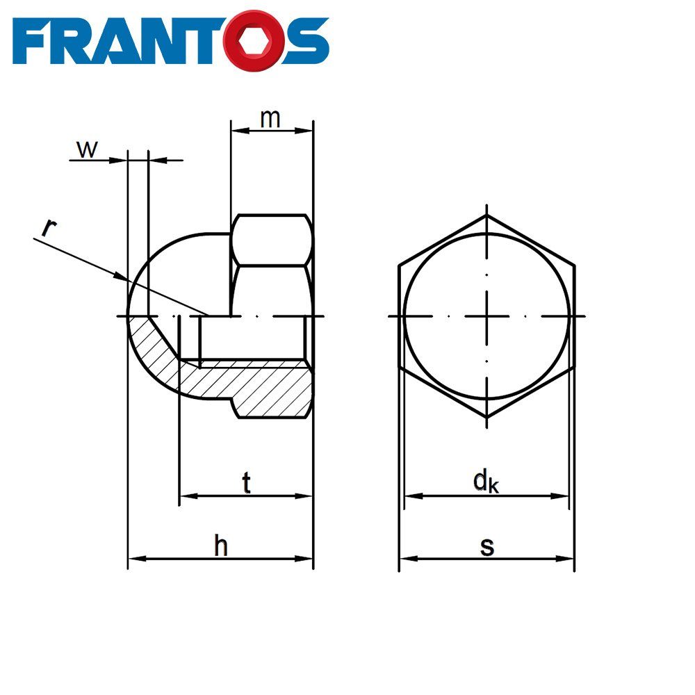 FRANTOS Hutmutter DIN A2, - Edelstahl Form hohe M3 Hutmuttern Pack 1587 M20 10er - Sechskant-Muttern bis