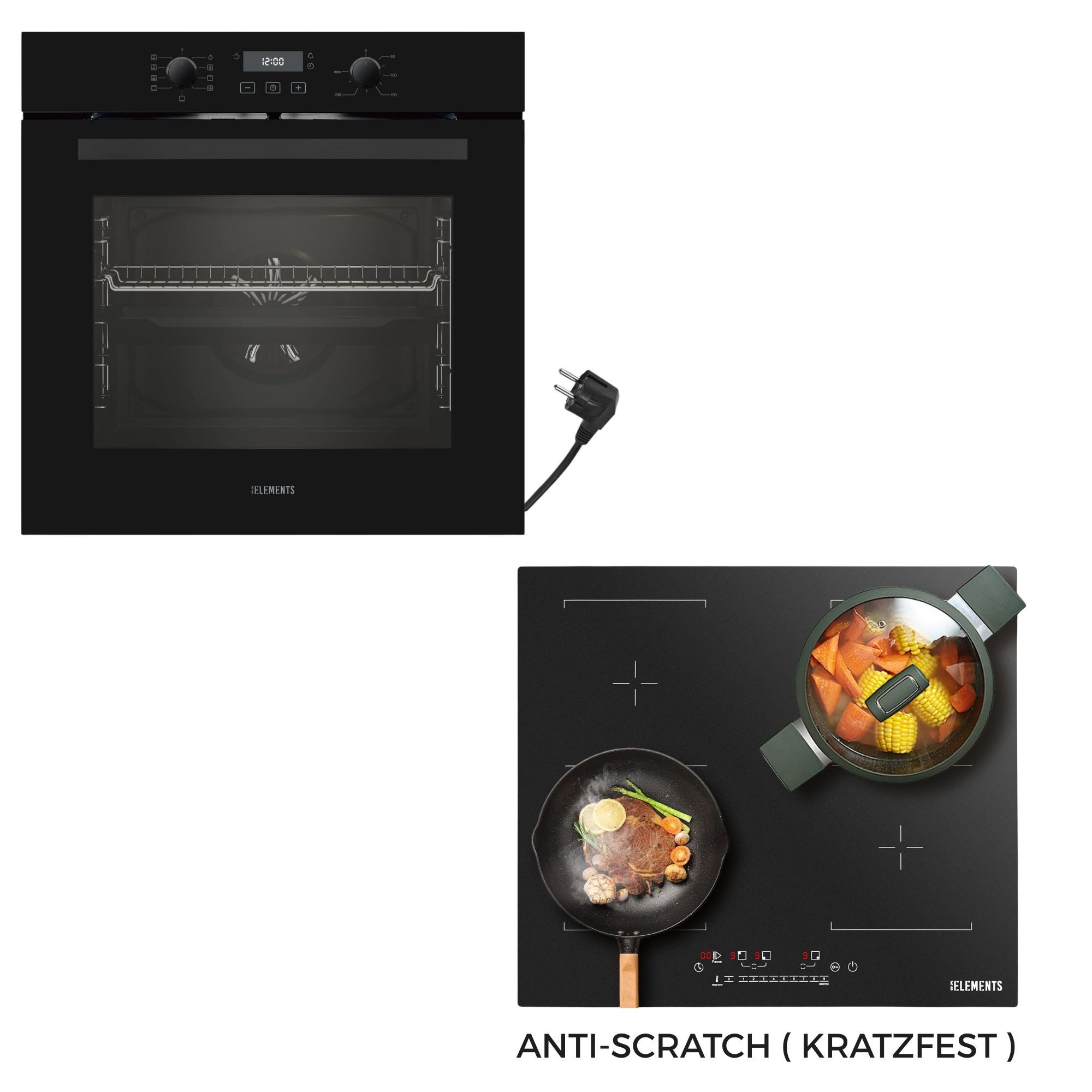 KB Elements Induktions Herd-Set Kratzfestes Induktion 60 cm mit Einbaubackofen 60 cm, Aqua Clean, Kratzfestes Induktionskochfeld mit Warmhaltefunktion