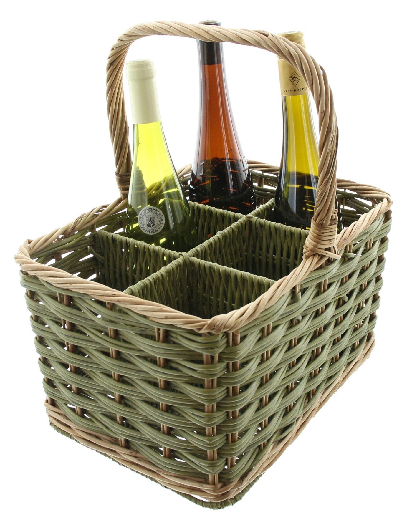 Dekoleidenschaft Flaschenträger "Olivgrün" aus Weide & Polyrattan für 4 / 6 Flaschen, Flaschenkorb, Korb, Getränketräger, Getränkekorb für Weinflaschen Bier Saft Wasser
