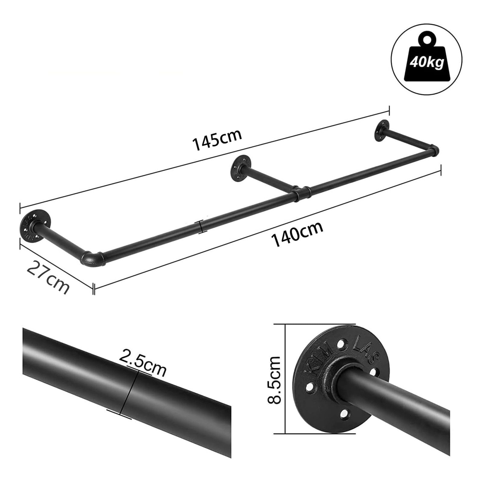 Youyijia Kleiderbügel Clothes Rack for Wall 140 cm Pipe Clothes Rack Industrial Style – Bild 2 von 5