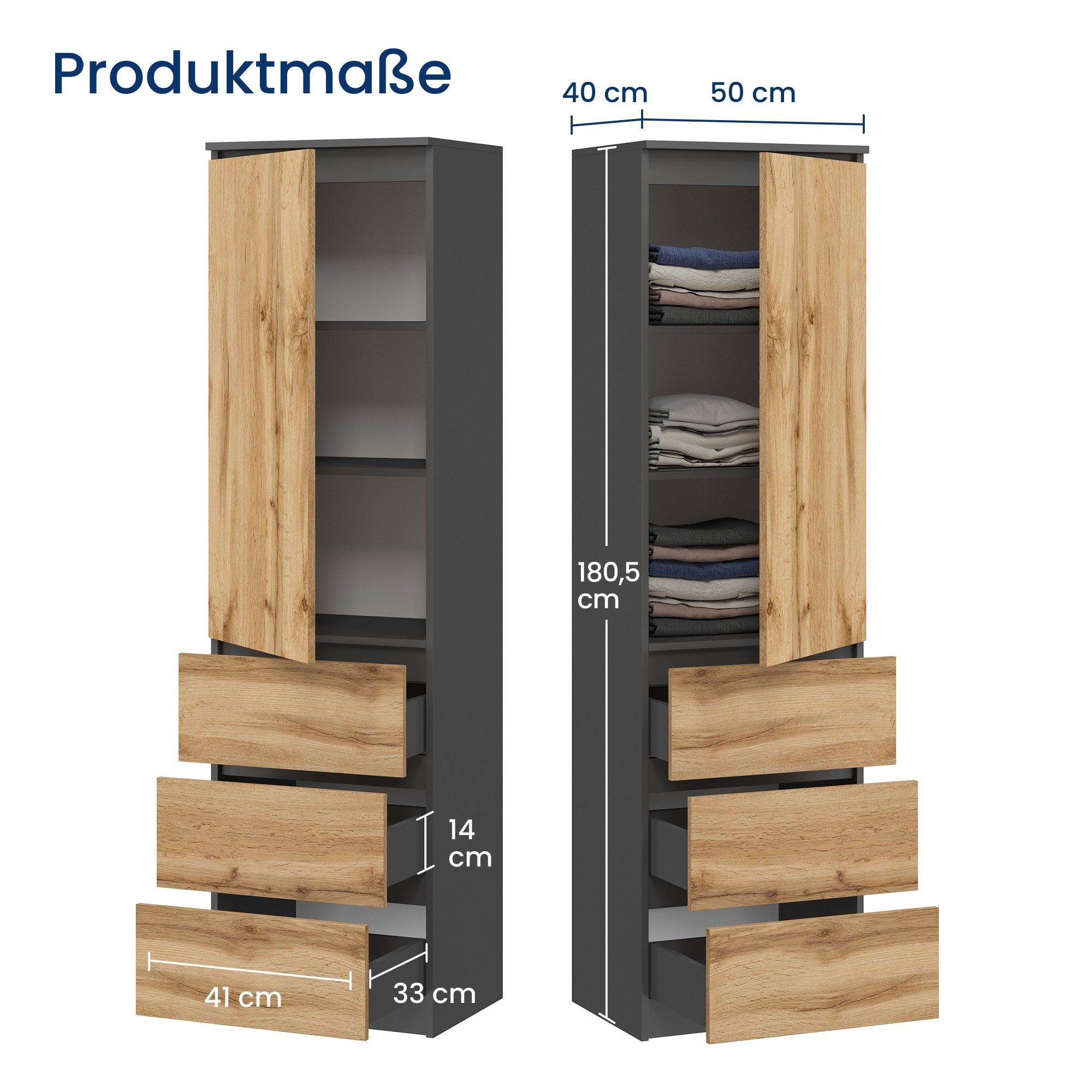 Home Collective Kleiderschrank Garderobenschrank Mehrzweckschrank Schrank platzsparend & vielseitig (50x40x180,5 cm (BxTxH), ideal für Schlafzimmer Flur & Arbeitszimmer) mit 1 Tür 3 Einlegeböden & 3 Schubladen in anthrazit-eiche