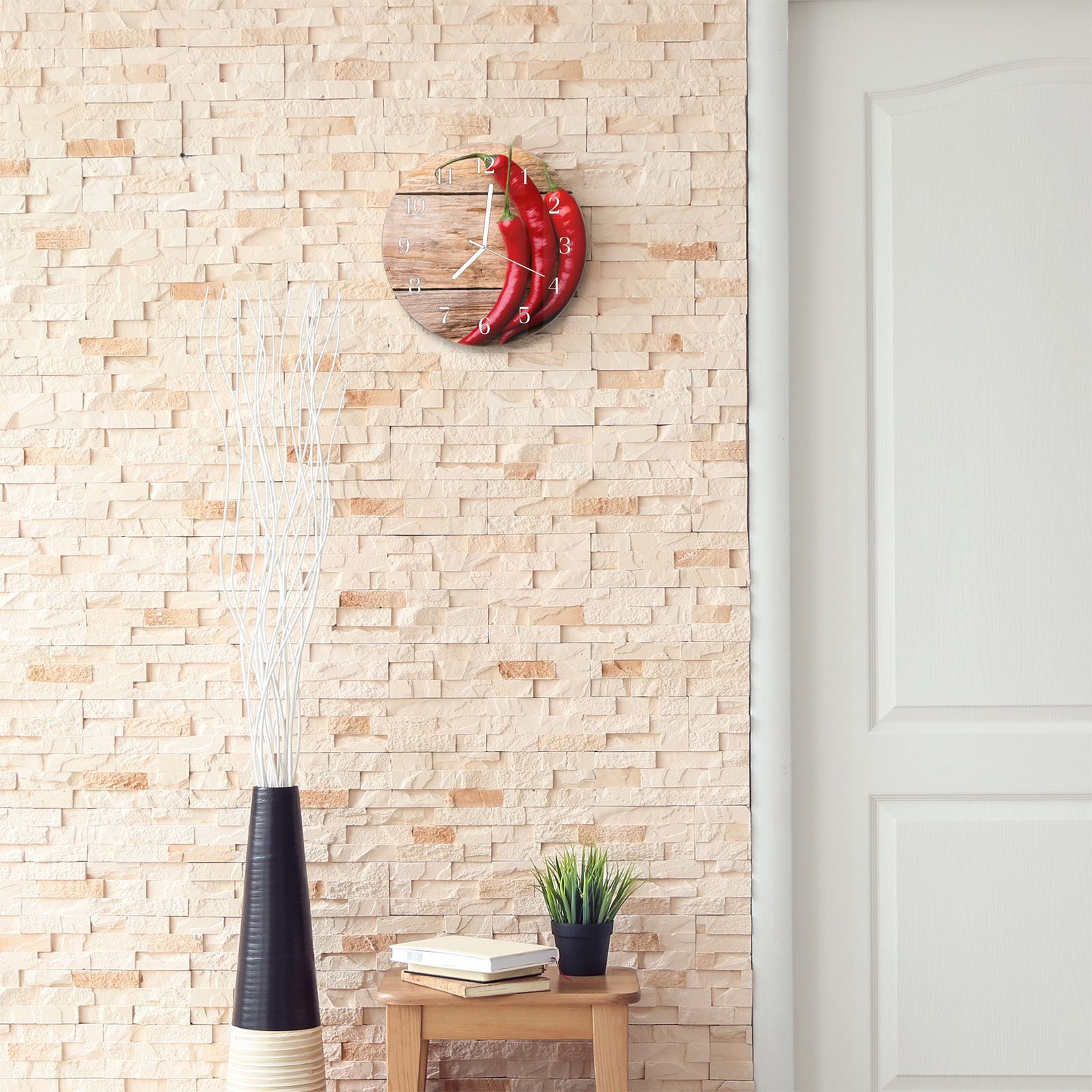30 cm Glas Durchmesser Chilischoten mit aus Holz mit Motiv auf - Wanduhr Quarzuhrwerk Rund Primedeco und Wanduhr