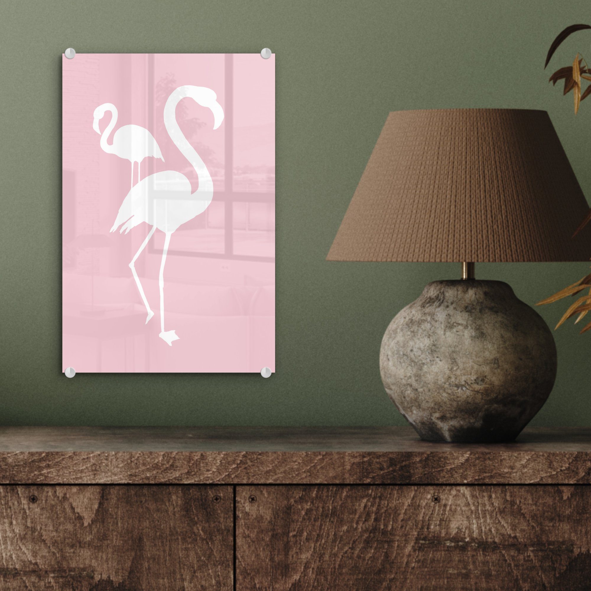 Wandbild - auf Acrylglasbild (1 St), Weiß - Wanddekoration Bilder Glasbilder Glas Flamingo, auf Rosa bunt Glas - - MuchoWow Foto -