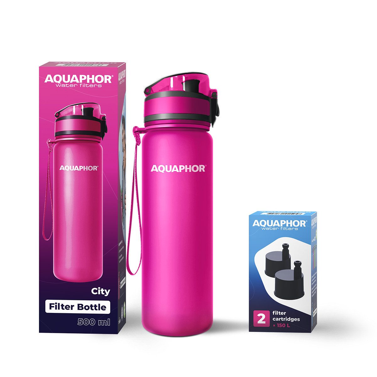 AQUAPHOR Trinkflasche Set Trinkflasche City Wasserfilterflasche 500ml., pink, inkl. Pack 2 Filterpatronen CITY/Aktikohle-Filter