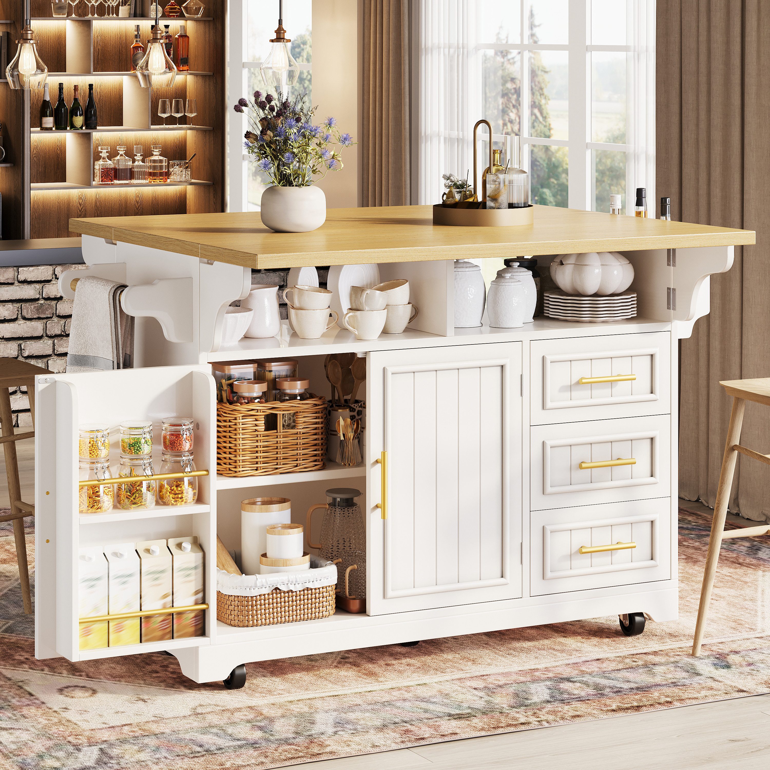 Celya Kücheninsel mit frei positionierbarer Esstisch‑Erweiterung und Schubladen, Küchenbuffet Sideboard auf Rolle, Türen mit vertikalem Muster