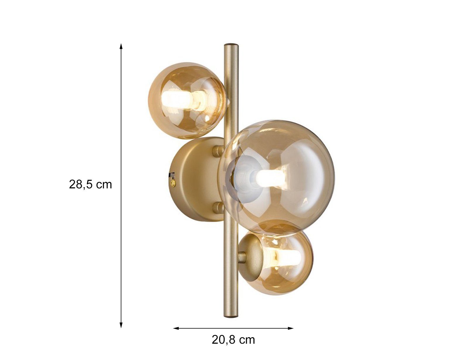 WOFI LED Wandleuchte, wechselbar, / Warmweiß, 28cm ausgefallene innen, matt Höhe Glas-kugel, Gold Amberfarben LED Bubble matt, Gold 4x Lampe