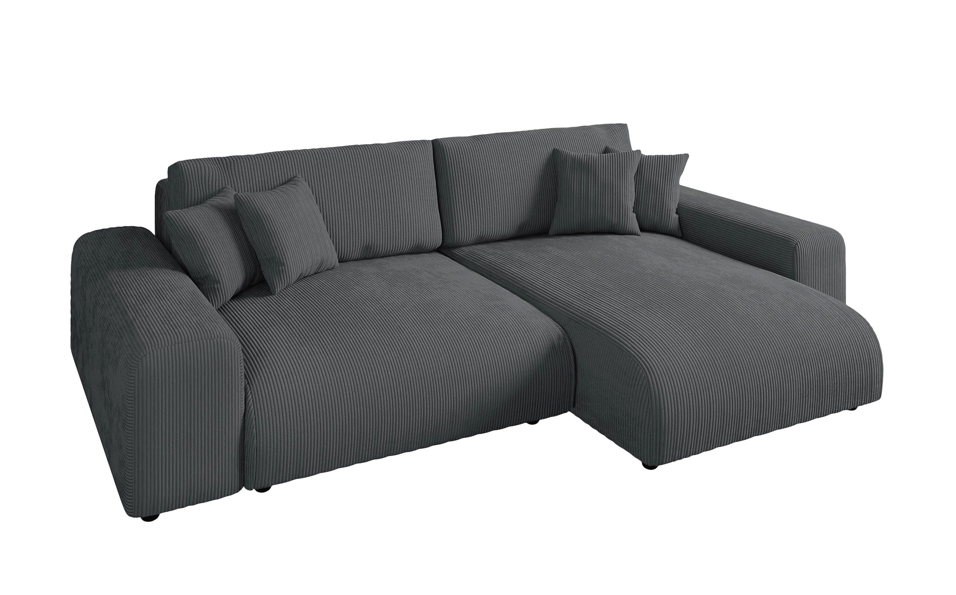 luma-home Ecksofa 21006, mit Schlaffunktion und Bettkasten, Wellenunterfederung, B255/H165/T84 cm, Liegefläche 148x196 cm, Ottomane links oder rechts montierbar, Cord-Bezug Grau