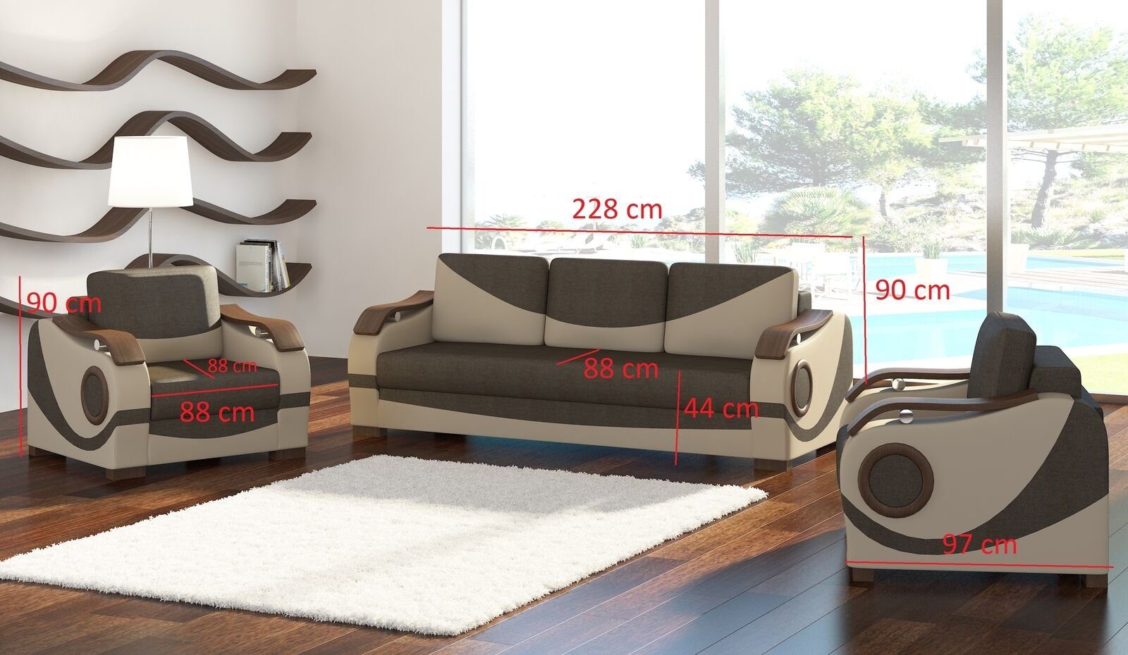 Sofa Sofas, 3+1+1 mit in Set Braun/Beige Bettfunktion Made Couch Europe Polster JVmoebel Sofagarnitur Puerto