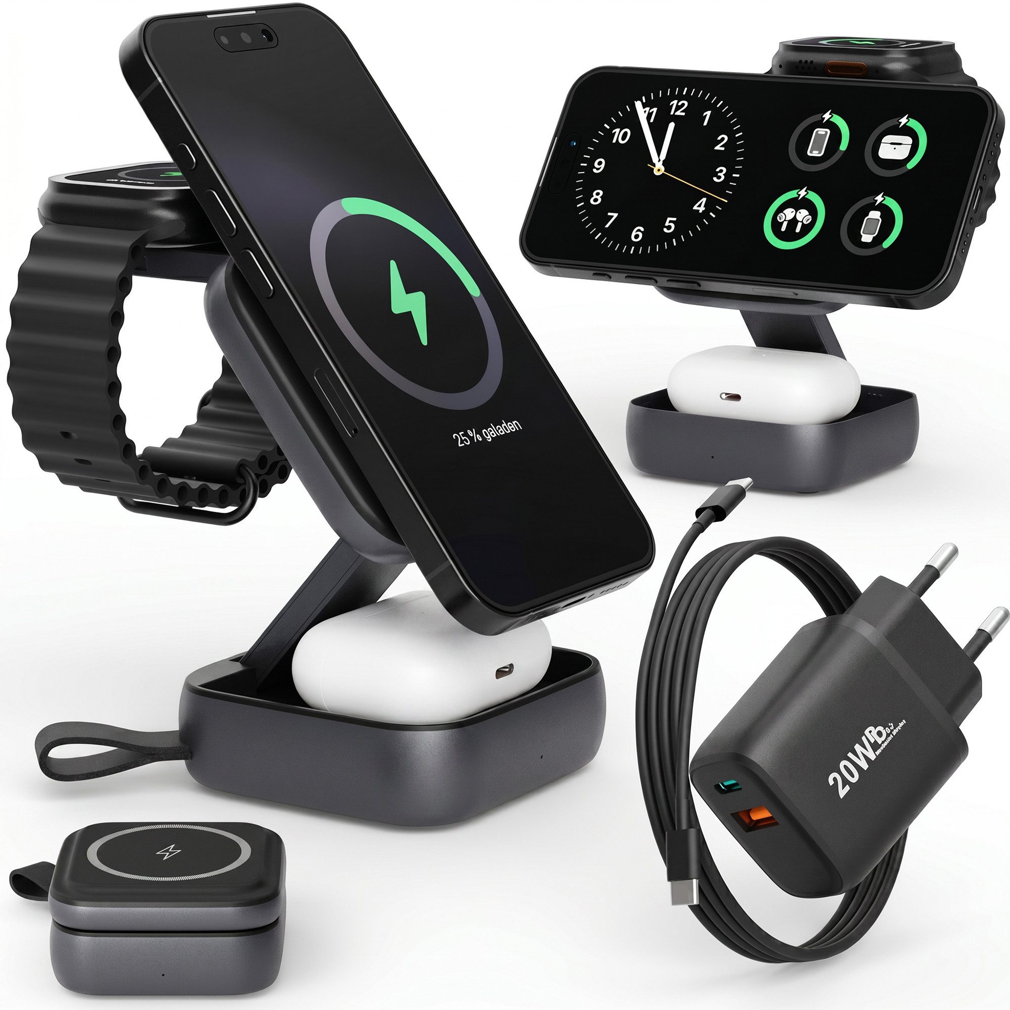 GreenHec Ladestation Apple Watch iPhone 3in1 MagSafe Wireless Charge Ladegerät Wireless Charger (3000 mA, Spar-Set, 3in1 PowerBase + USB-C Kabel + 20w Dual Charger, 18 17 16 15 14 13 Pro Max Air Kompakt Station Induktionsladegerät)