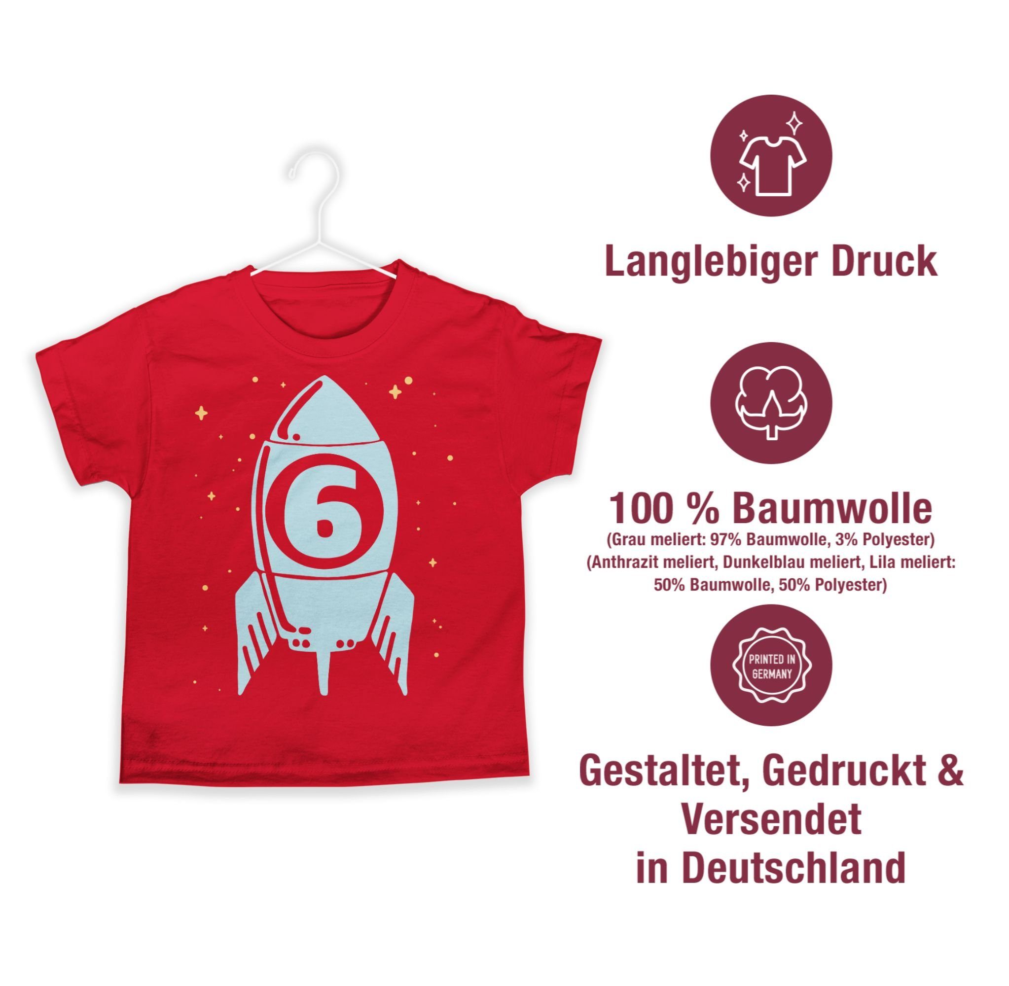 6. Shirtracer Rakete mit blau Sechs Geburtstag Rot 3 T-Shirt Sternen