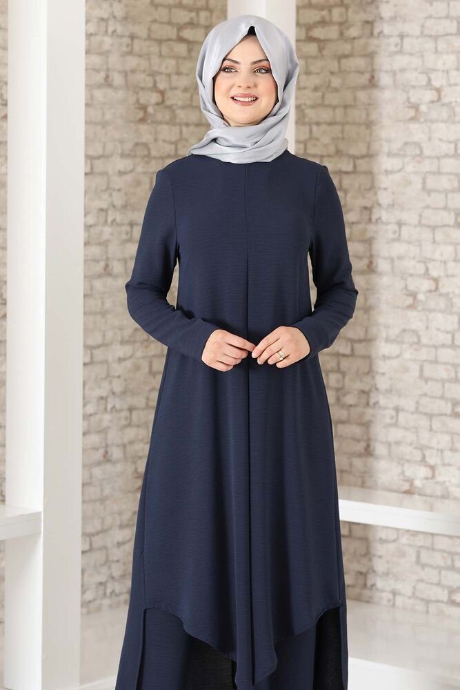 Longtunika voll lange Zweiteiler Hijab Damen Modavitrini Hose bedeckt mit Tunika Kleidung Anzug Navy-Blau