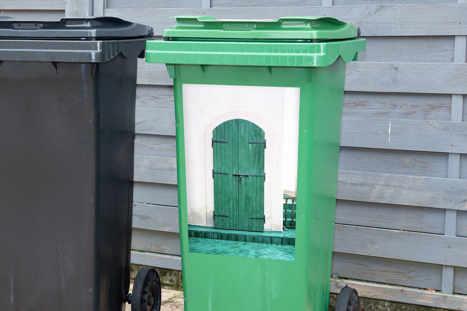 - St), Tür Mülleimer-aufkleber, Abfalbehälter Container, Sticker, - - Vintage MuchoWow - (1 Grün Mülltonne, Wandsticker Holz Gebäude