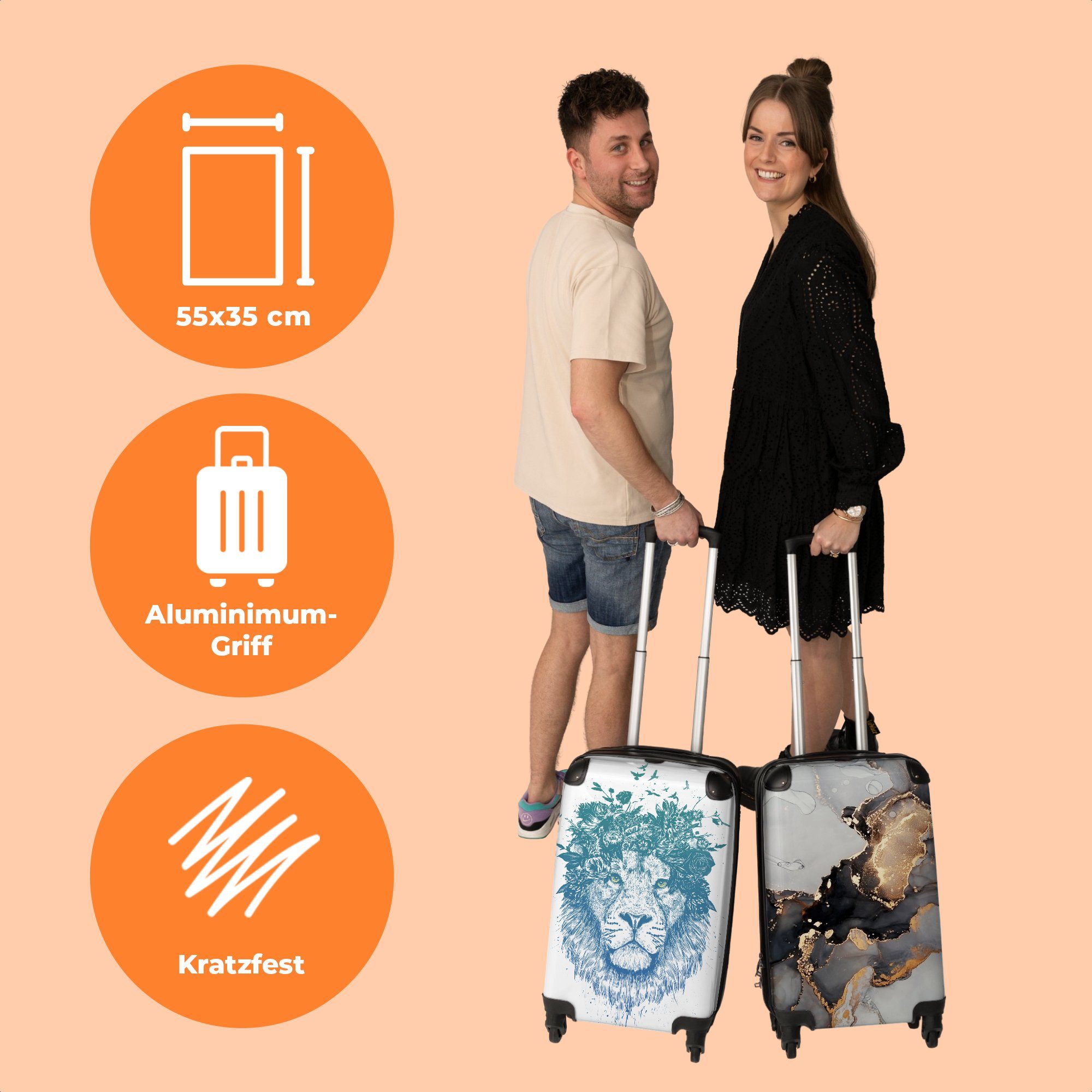 Trolley mit Blumen Rollen, Rollkoffer 55x35x20cm - Löwe - Vögel NoBoringSuitcases.com© - Cabin Kleine Handgepäckkoffer Reisekoffer Handgepäck - Blau, 4 4 Rollen