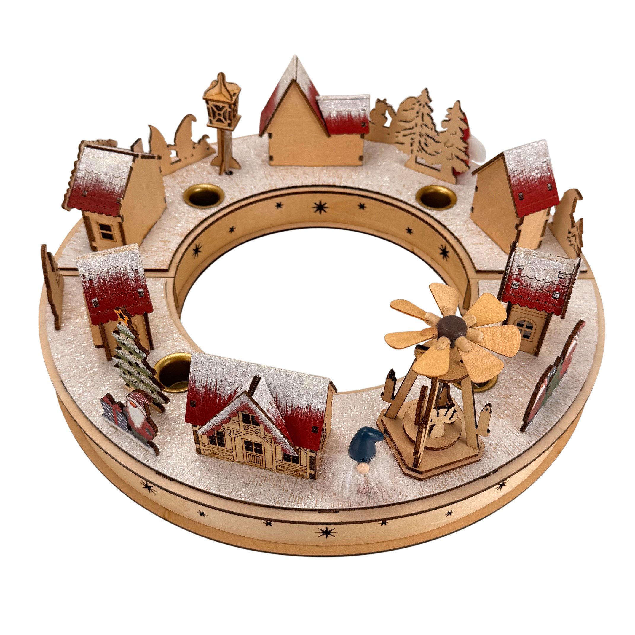 Online-Fuchs Kerzenhalter für 4 Stabkerzen - Adventskranz mit LED-Beleuchtung & Timer (mit Häusern, Tannenbäumen und niedlichen Wichteln, Weihnachtsdeko), Winterlandschaft mit drehender Pyramide oder Weihnachtsbaum