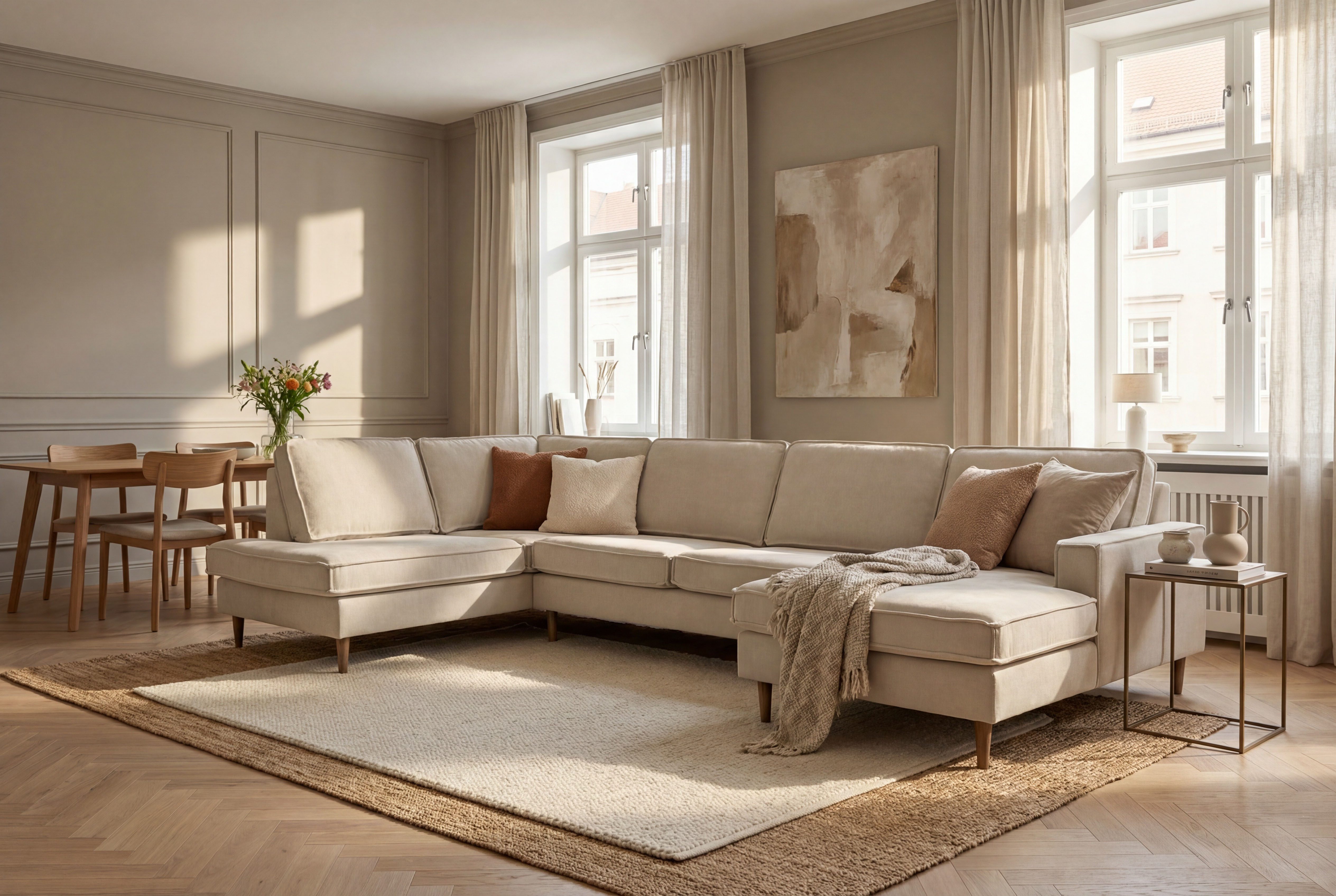 Home affaire Wohnlandschaft Pinto Skandi, 350 cm, U-Form, XXL, mit Ottomanen, mit Keder, Massivholzfüße Eiche geräuchert, Wellenunterfederung